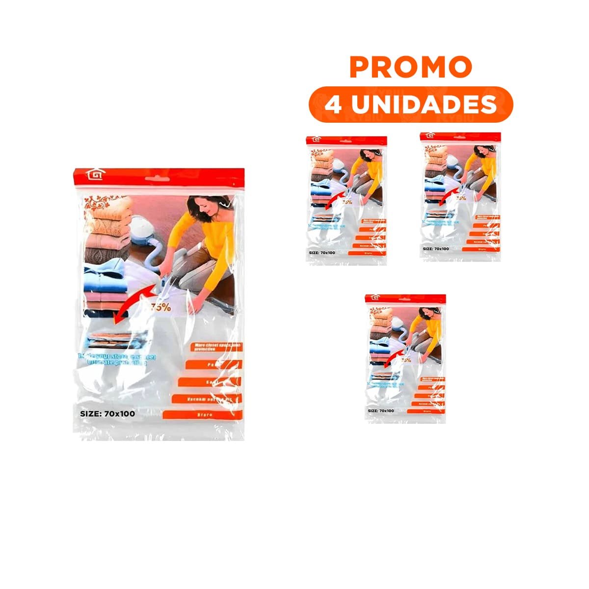 PACK4 BOLSA AL VACIO ANARANJADA 70X100CM PARA ROPA VOLUMINOSA DEL HOGAR - 1