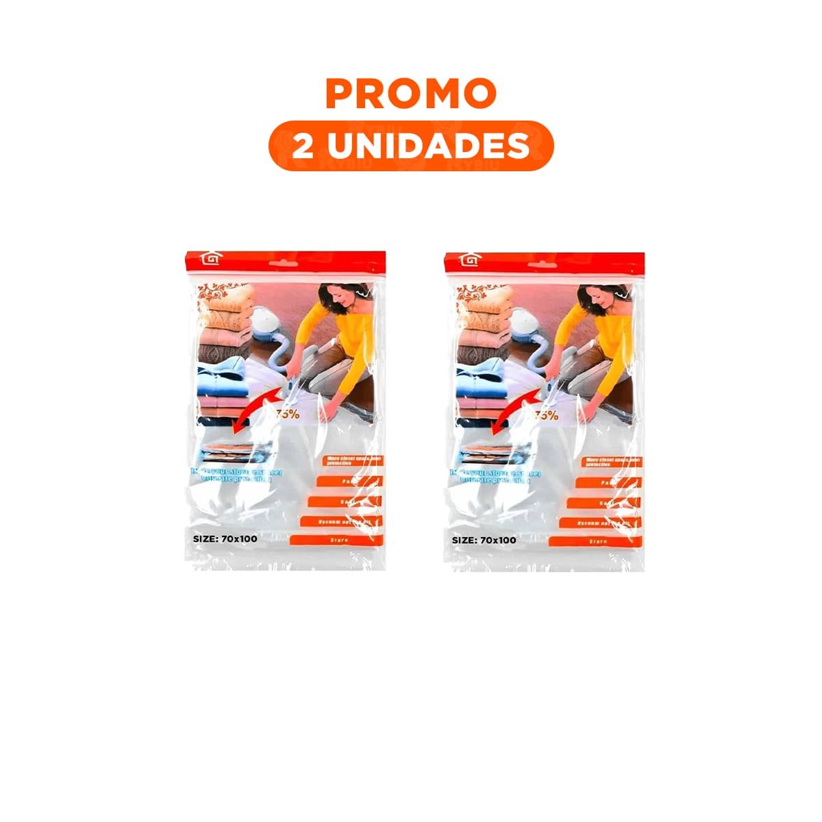 PACK2 BOLSA AL VACIO ANARANJADA 70X100CM PARA ORGANIZAR ROPA EN CASA Y+REGALO STICKER - 1
