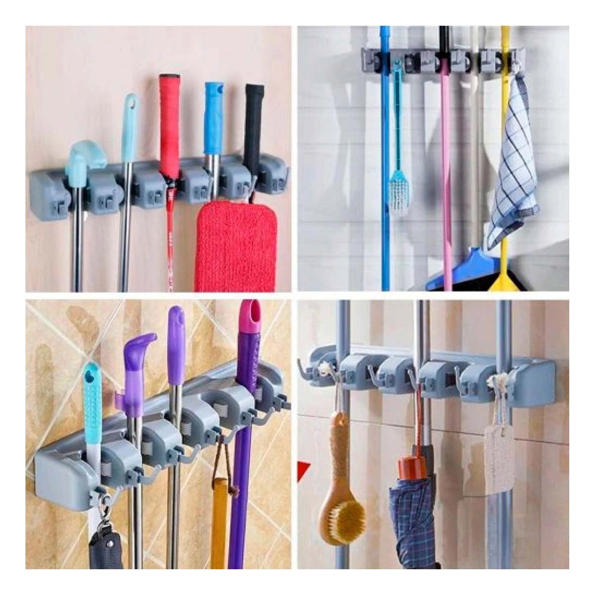PACK4 GANCHO DE PARED PARA ESCOBAS CON 5 ESPACIOS PARA ORDEN DEL HOGAR PLOMO Y+REGALO STICKER - 2