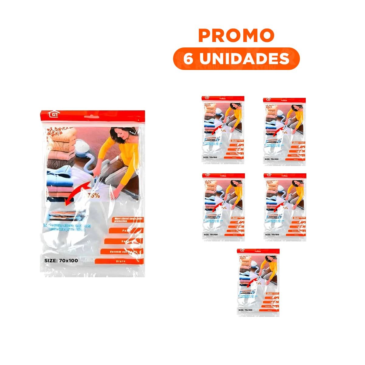 PACK6 FUNDA AL VACIO ANARANJADA 70X100CM PARA ROPA DE CAMA Y ABRIGOS Y+REGALO STICKER - 1