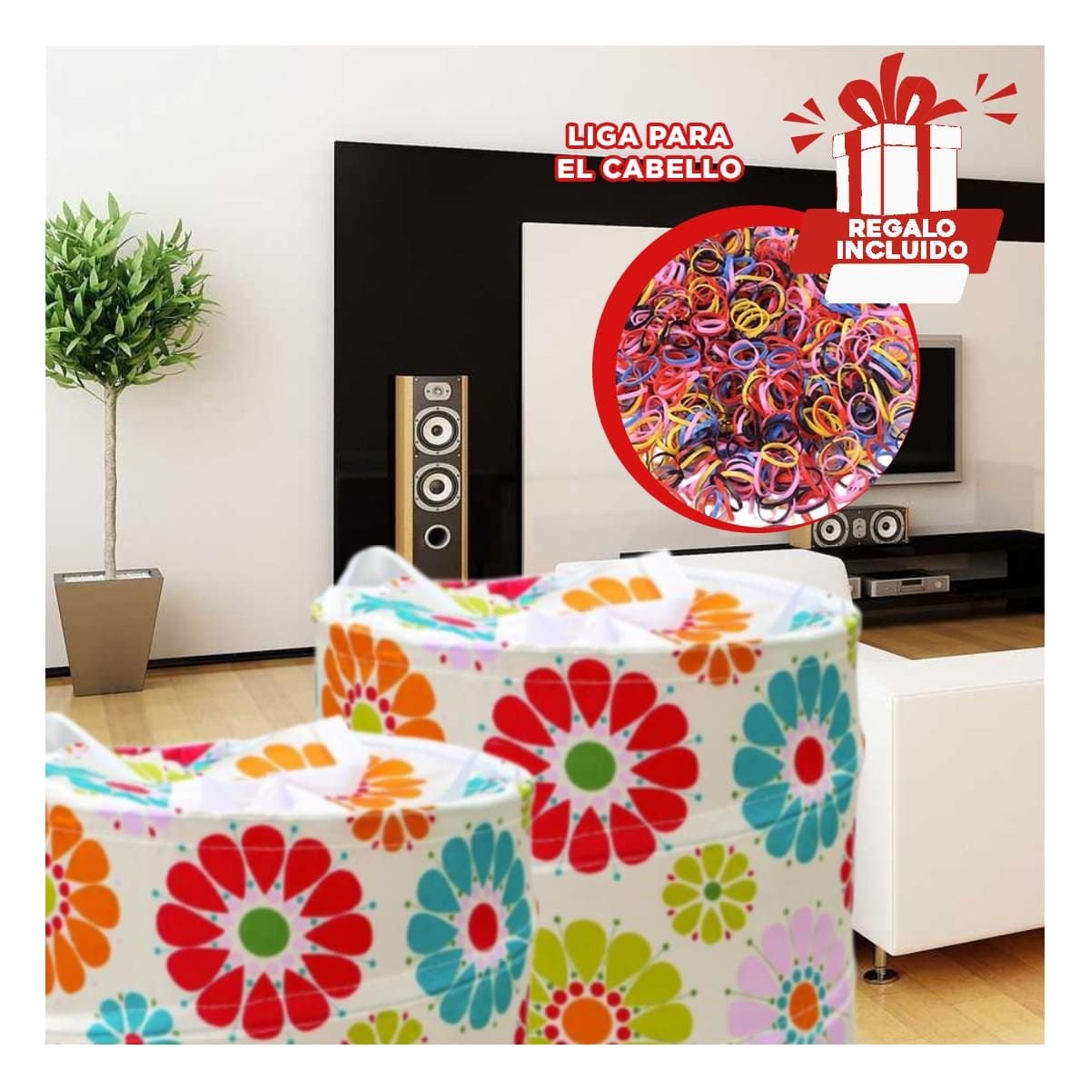 CESTA QUE MANTIENE ROPA LIMPIA Y ORDENADA CON FLORES DE COLORES 50X42CM BLANCO Y+LIGAS REGALO - 2