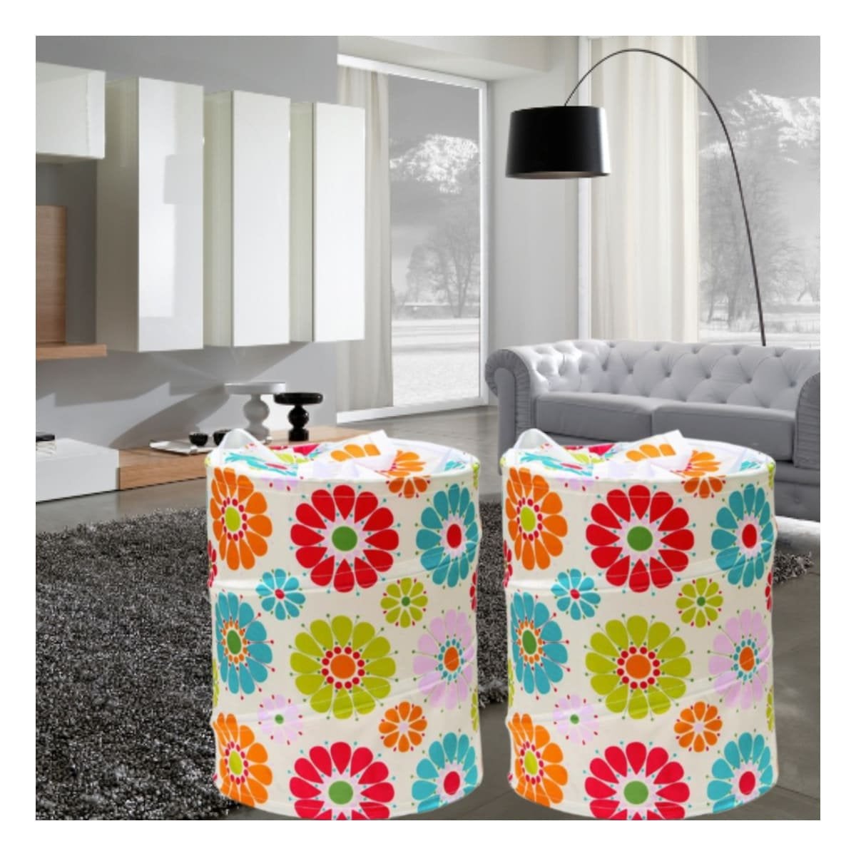 CESTA QUE FACILITA ORGANIZACION EN CASA CON FLORES DE COLORES 50X42CM BLANCO Y+PAPEL REGALO - 2