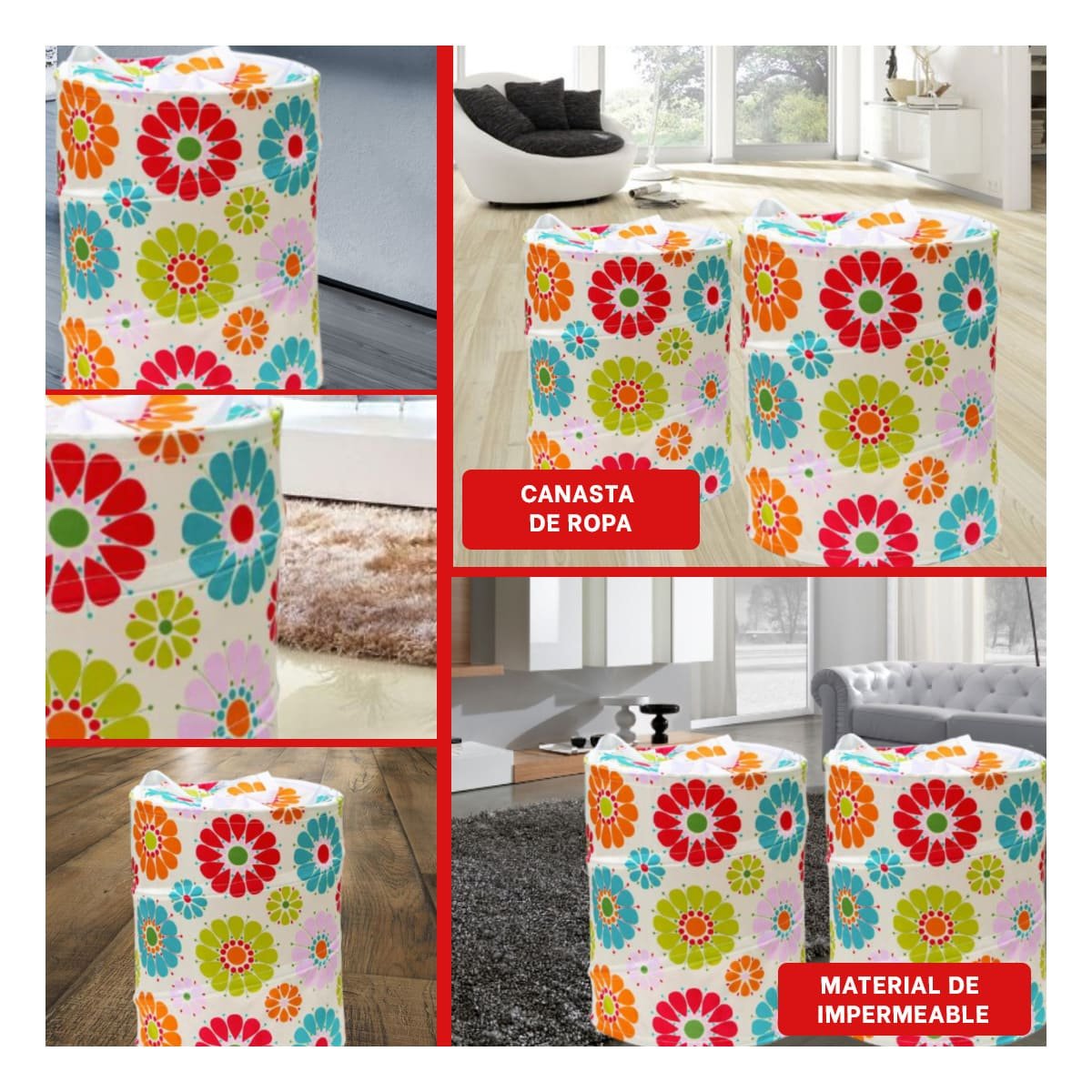CESTA IMPERMEABLE PARA GUARDAR ROPA CON FLORES DE COLORES 50X42CM BLANCO - 2
