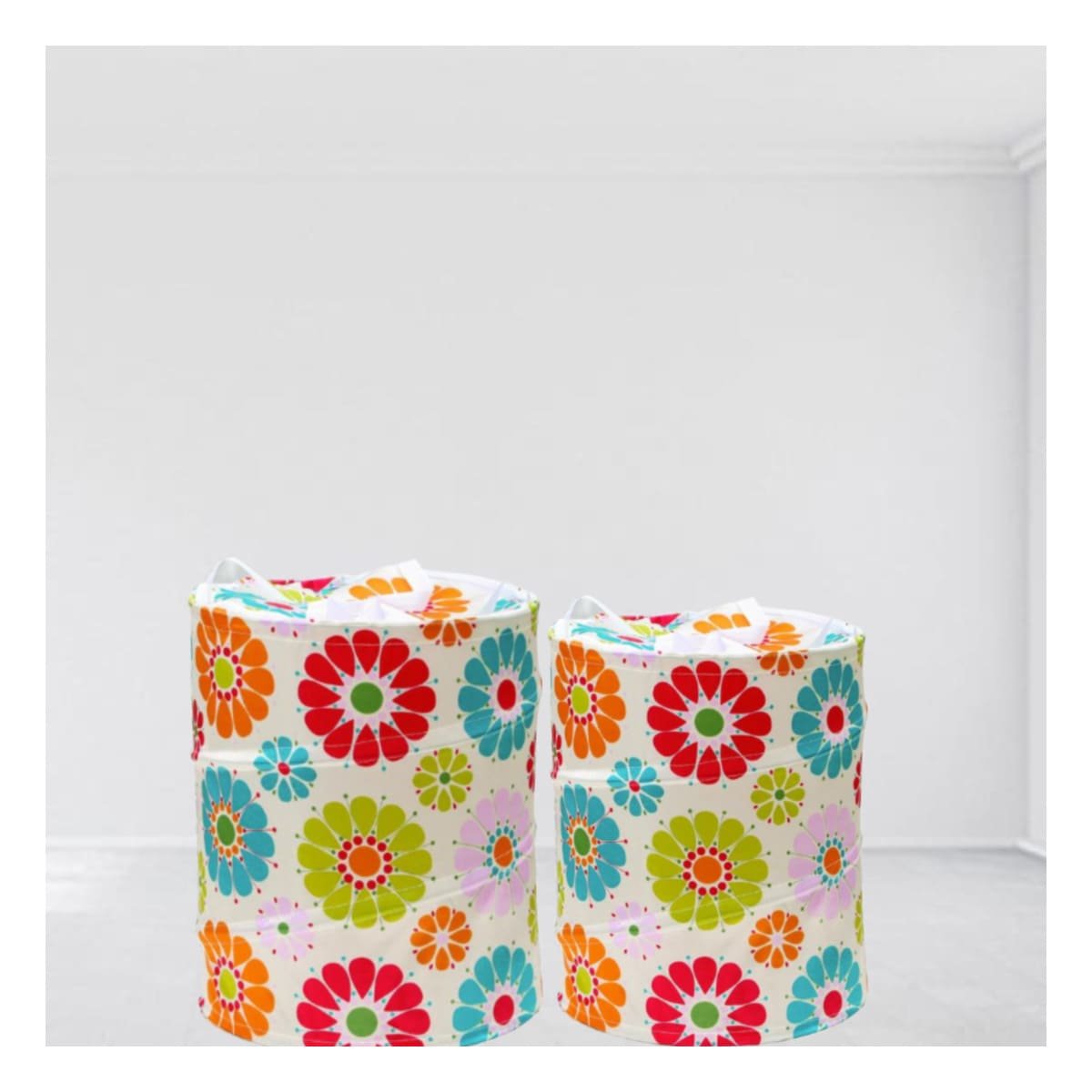 PACK2 CANASTA PARA ROPA DE TEMPORADA CON FLORES DE COLORES 50X42CM BLANCO Y+REGALO STICKER - 3