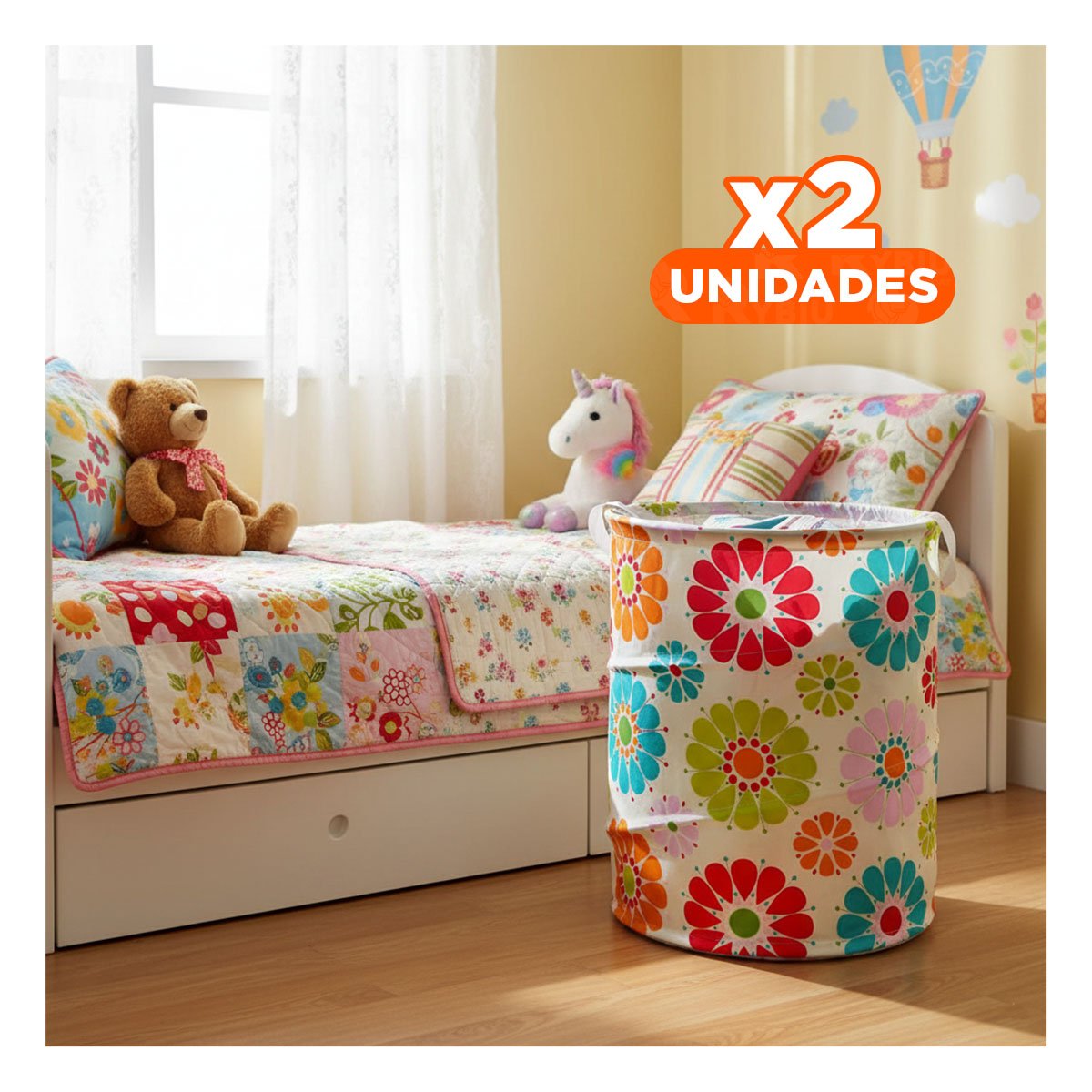 PACK2 CANASTA IMPERMEABLE PARA GUARDAR ROPA CON FLORES DE COLORES 50X42CM BLANCO - 1