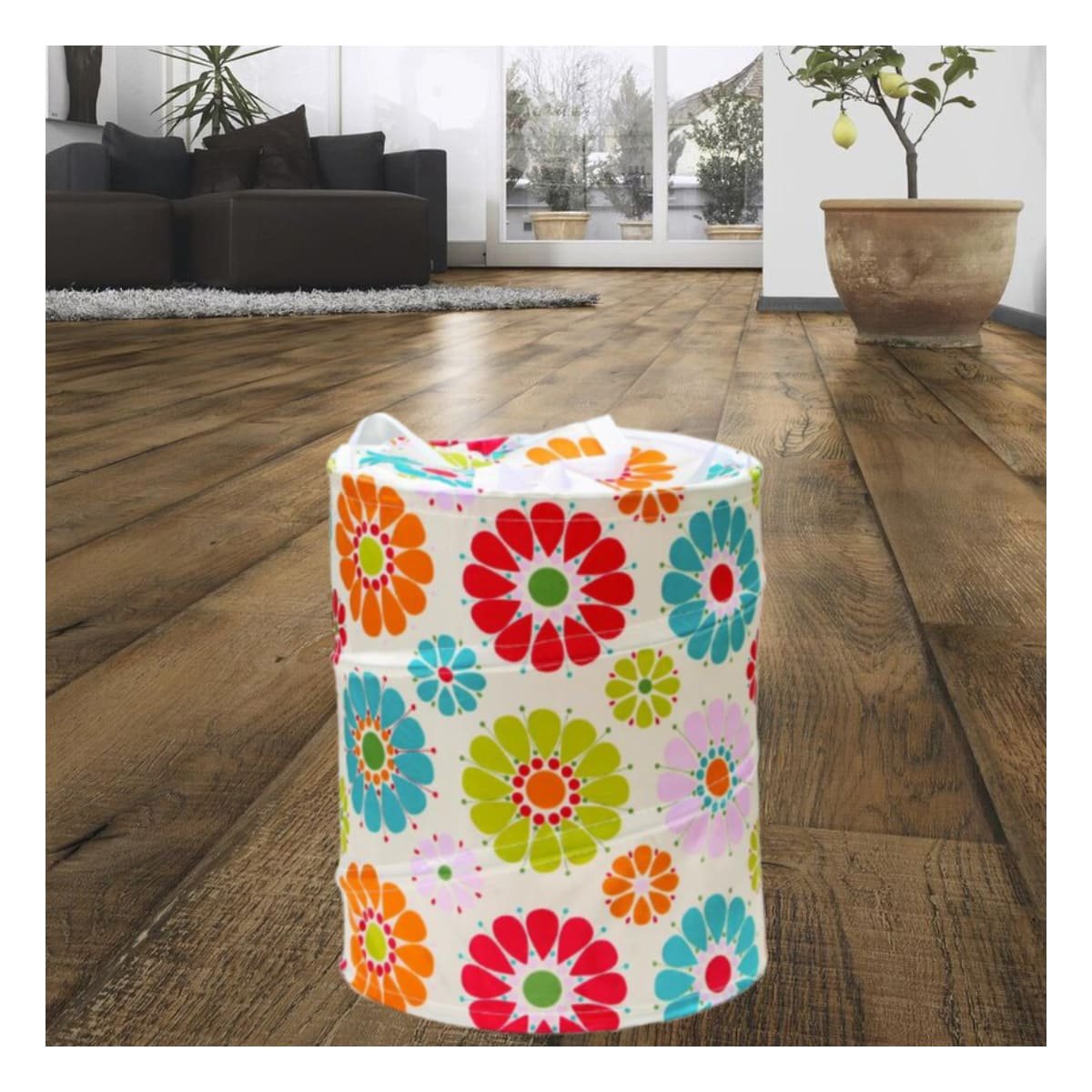 PACK2 CANASTA IMPERMEABLE PARA GUARDAR ROPA CON FLORES DE COLORES 50X42CM BLANCO - 3