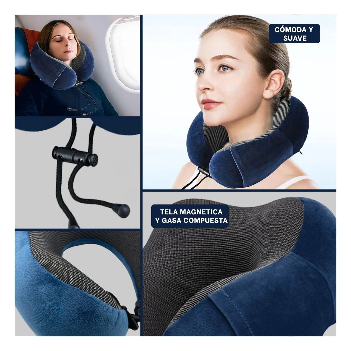 ALMOHADA ERGONOMICA AZUL DE CUELLO PARA VIAJAR EN TERCIOPELO CON ESPUMA INTERNA Y+POST IT - 2