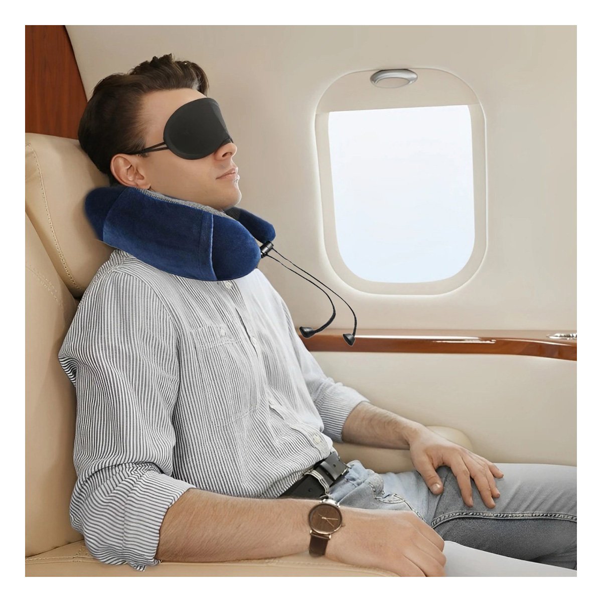ALMOHADA DE CUELLO PARA VIAJAR EN TERCIOPELO CON ESPUMA VISCOELASTICA AZUL INTERIOR - 1