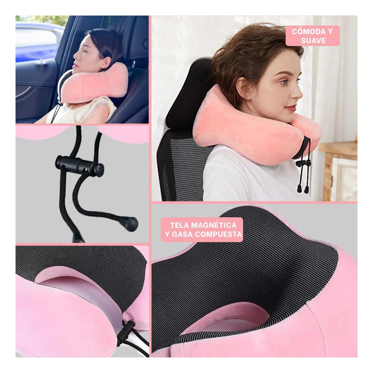 ALMOHADA DE CUELLO PARA VIAJAR EN TERCIOPELO CON ESPUMA VISCOELASTICA ROSADA INTERIOR - 2