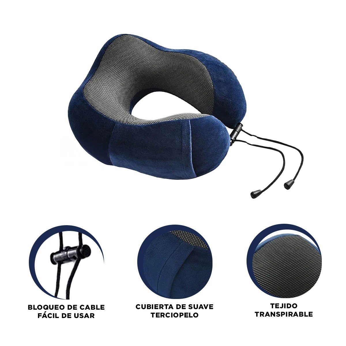 ALMOHADA AZUL DE CUELLO PARA VIAJAR EN TERCIOPELO CON ESPUMA VISCOELASTICA Y+PAPEL REGALO - 5