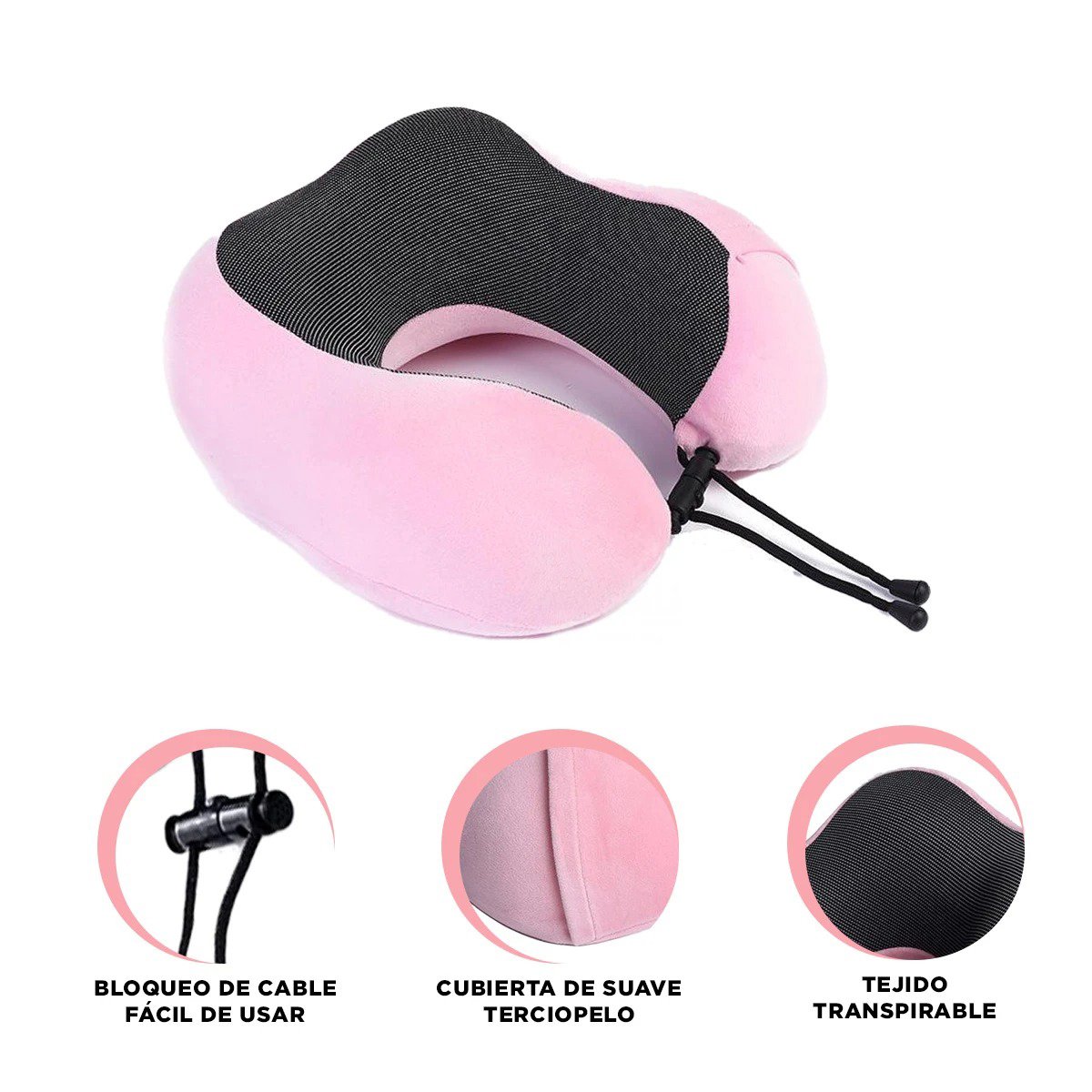 ALMOHADA ROSADA DE CUELLO PARA VIAJAR EN TERCIOPELO CON ESPUMA VISCOELASTICA Y+PAPEL REGALO - 5