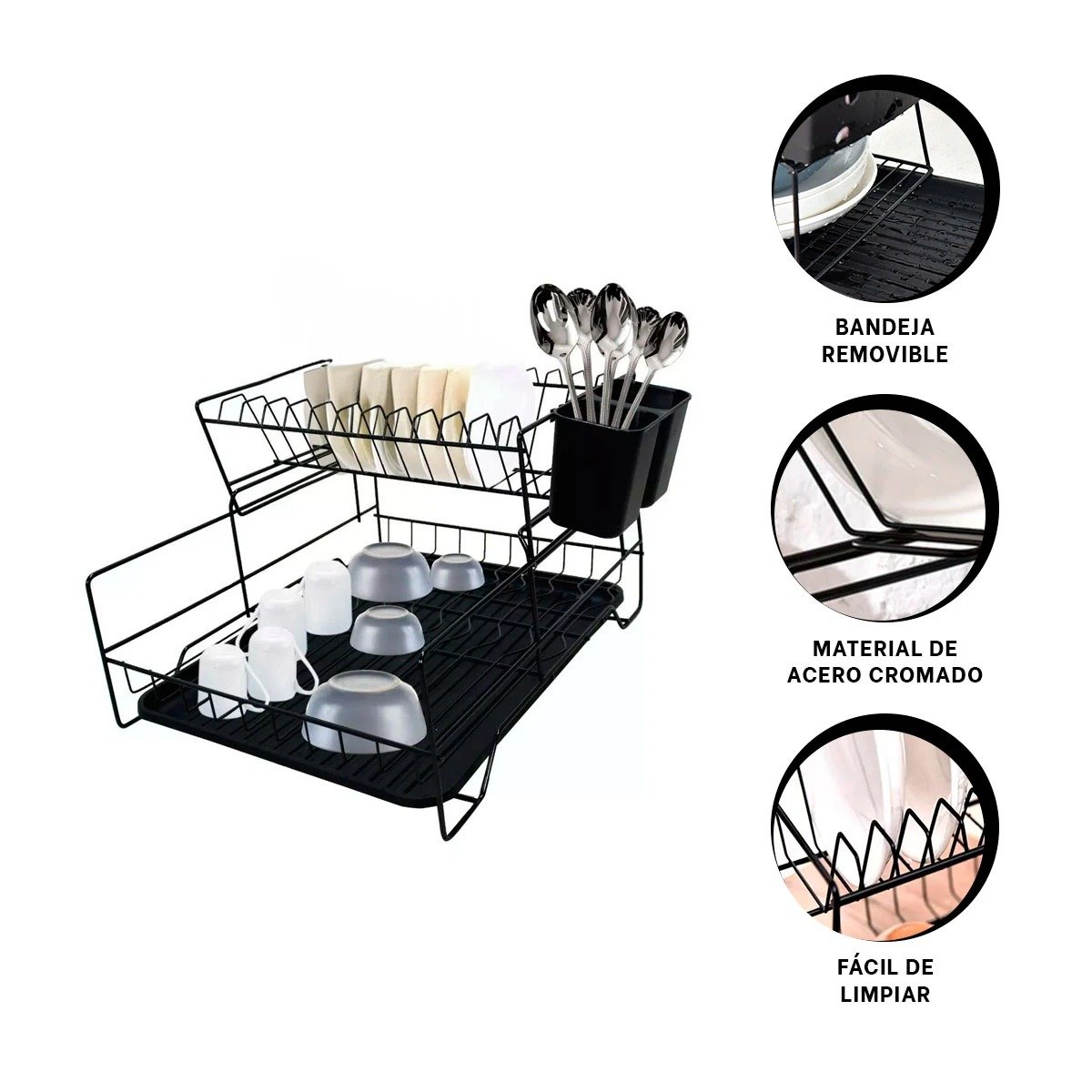 ESCURRIDOR DE COLOR NEGRO CON PUERTAS Y SISTEMA DE 2 NIVELES CON BANDEJAS Y+PAPEL REGALO - 5