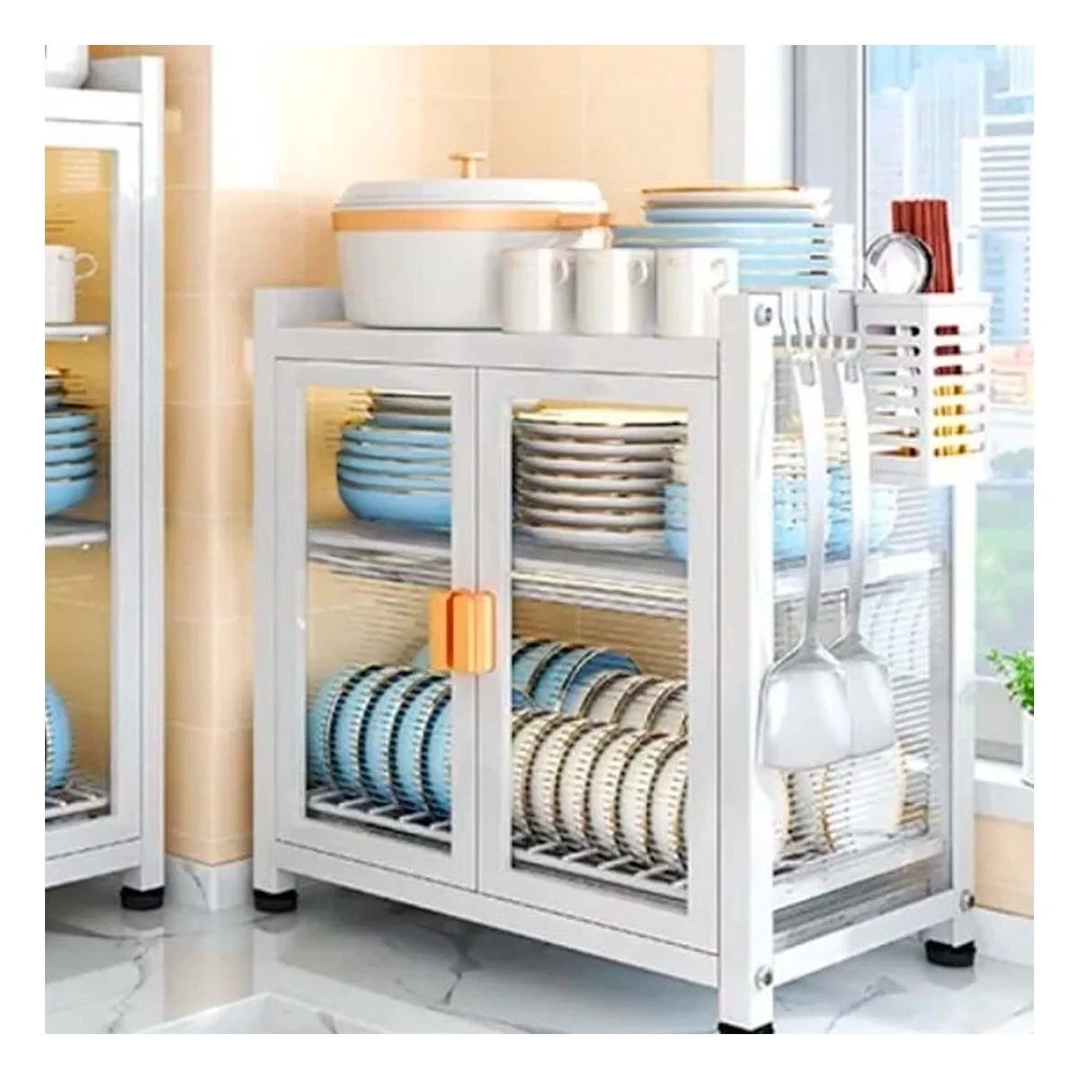 ESCURRIDOR DE PLATOS CON PUERTAS DE 2 NIVELES Y SOPORTE PARA UTENSILIOS BLANCO - 1