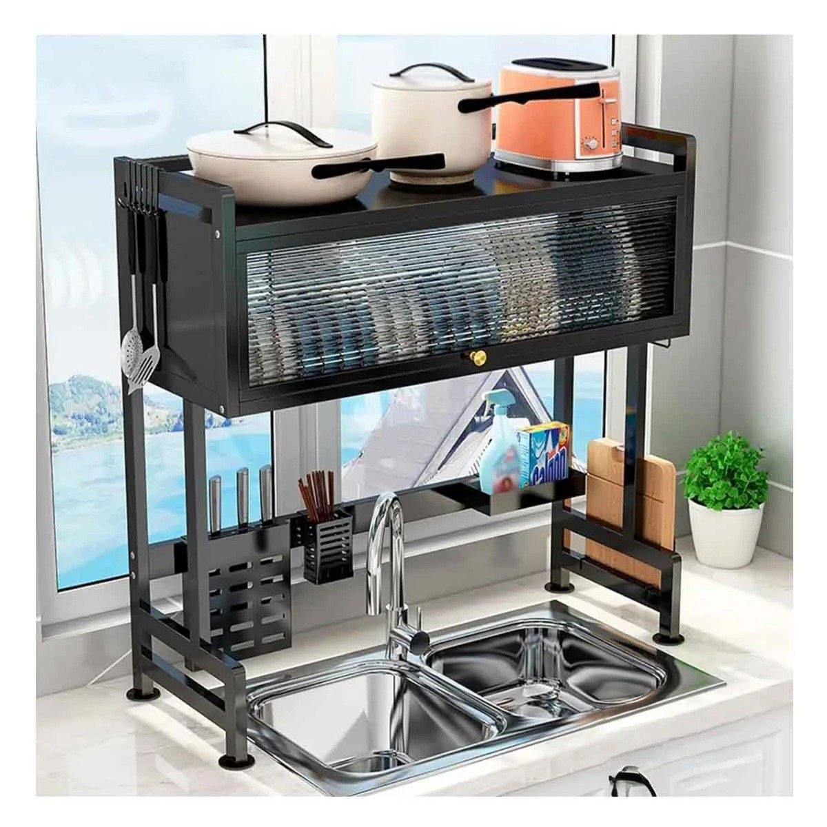 ESCURRIDOR NEGRO PARA COCINA CON LAVADERO Y GABINETE SUPERIOR CON PUERTA Y+PAPEL REGALO - 1