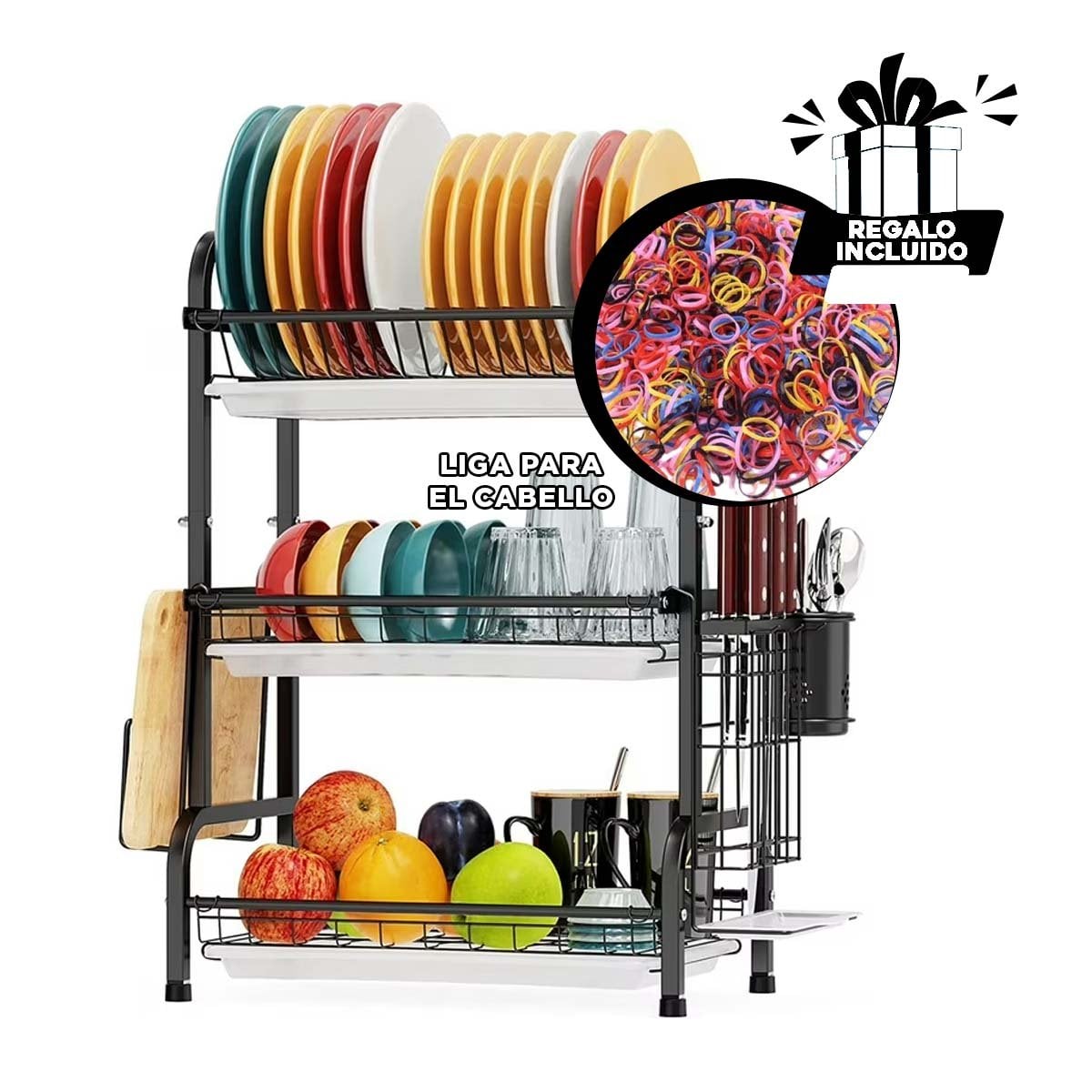 ESCURRIDOR DE PLATOS NEGRO CON SISTEMA DE 3 NIVELES Y BANDEJAS Y+LIGAS REGALO - 2