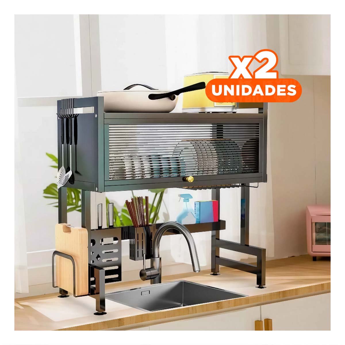 PACK2 ORGANIZADOR NEGRO PARA LAVADERO DE COCINA CON ALACENA SUPERIOR - 1