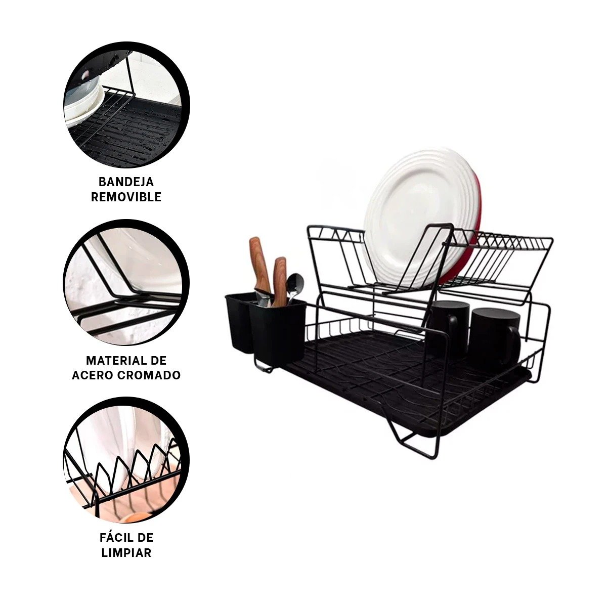 ESCURRIDOR DE 2 NIVELES CON BANDEJA NEGRO Y SOPORTE PARA UTENSILIOS Y+POST IT - 5
