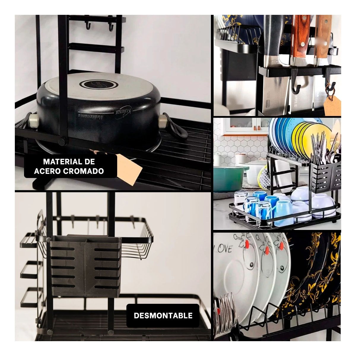 ESCURRIDOR NEGRO DE 3 NIVELES CON DRENAJE INTEGRADO Y SOPORTE PARA UTENSILIOS Y+PAPEL REGALO - 3