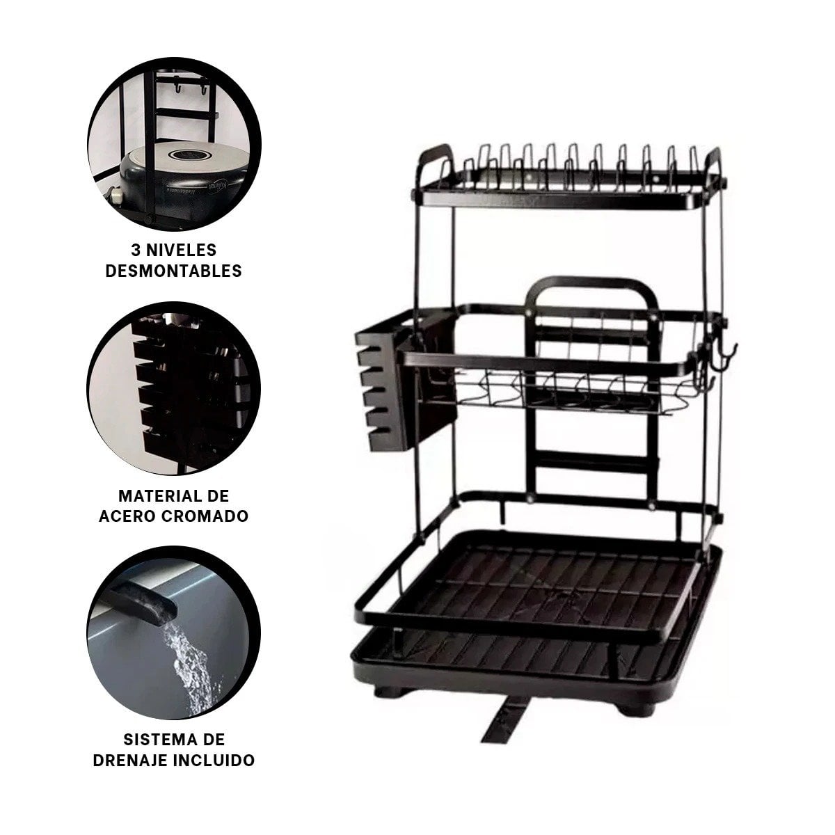 ESCURRIDOR NEGRO DE 3 NIVELES CON DRENAJE INTEGRADO Y SOPORTE PARA UTENSILIOS Y+PAPEL REGALO - 5