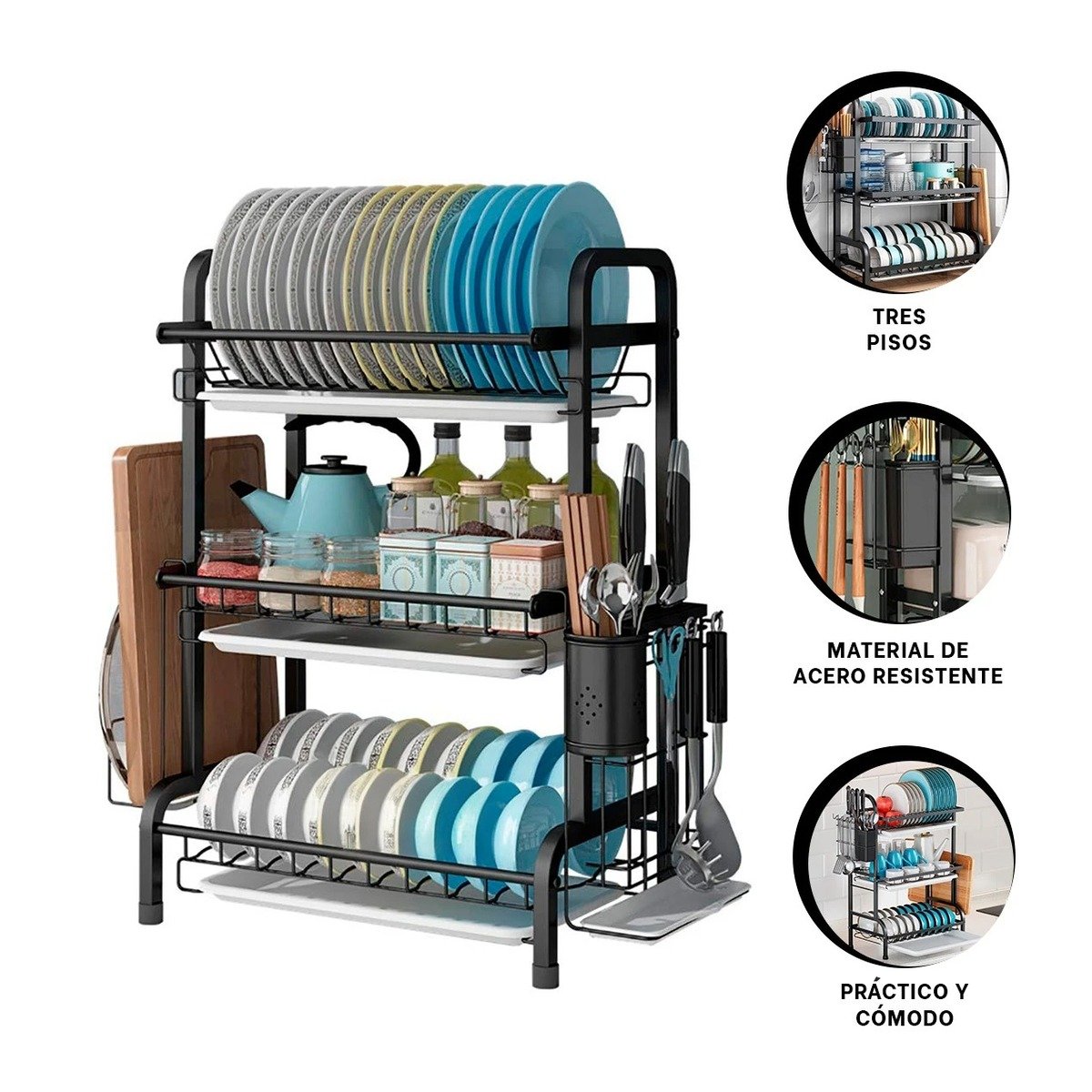 ESCURRIDOR DE 3 NIVELES CON BANDEJAS NEGRO Y SOPORTE PARA UTENSILIOS Y+POST IT - 5
