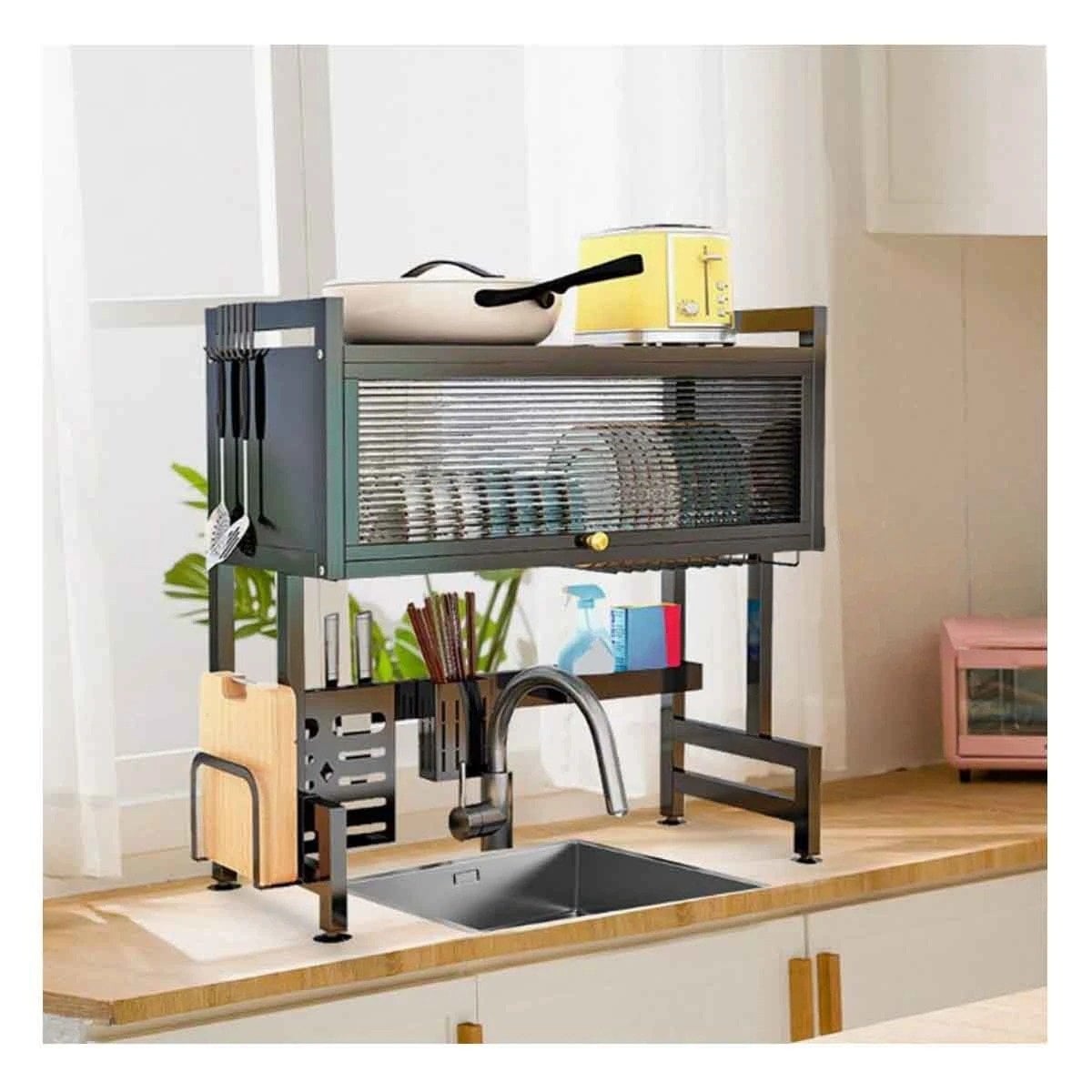 ESCURRIDOR DE PLATOS PARA LAVADERO DE COCINA CON GABINETE SUPERIOR Y PUERTA NEGRO - 1