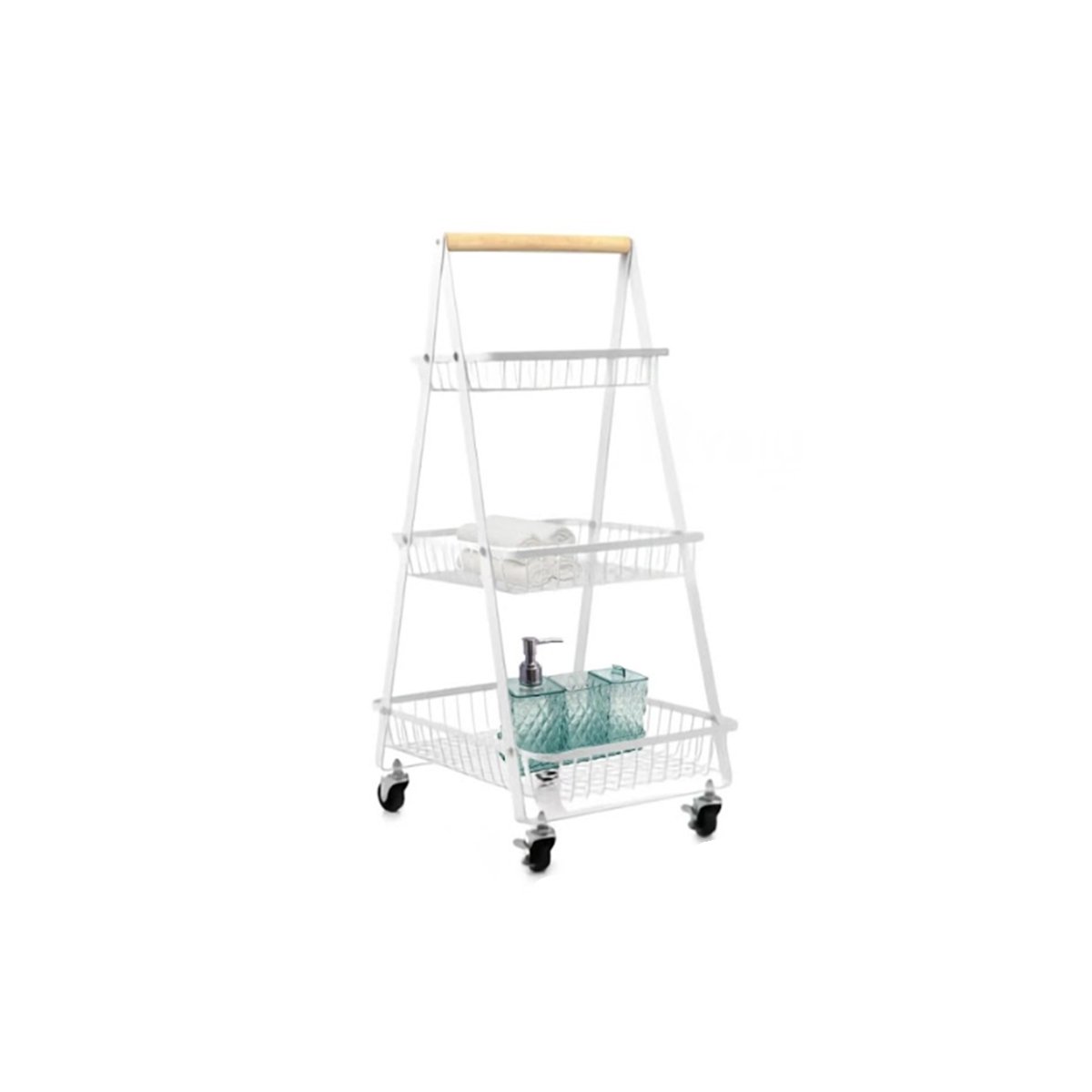 ESTANTE TRIANGULAR BLANCO CON RUEDAS Y DISTRIBUCION DE 3 NIVELES EN A Y+LIGAS REGALO - 5