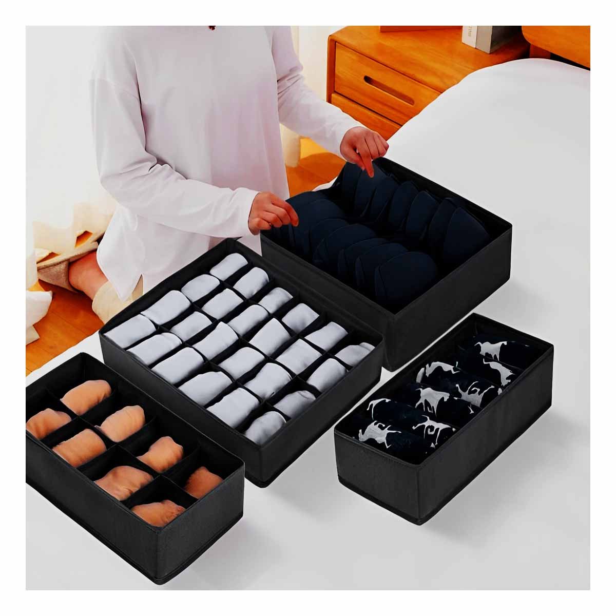 PACK2 ORGANIZADOR PARA CAJON DE ROPA INTERIOR CON PRESENTACION NEGRO SET DE 4 - 5