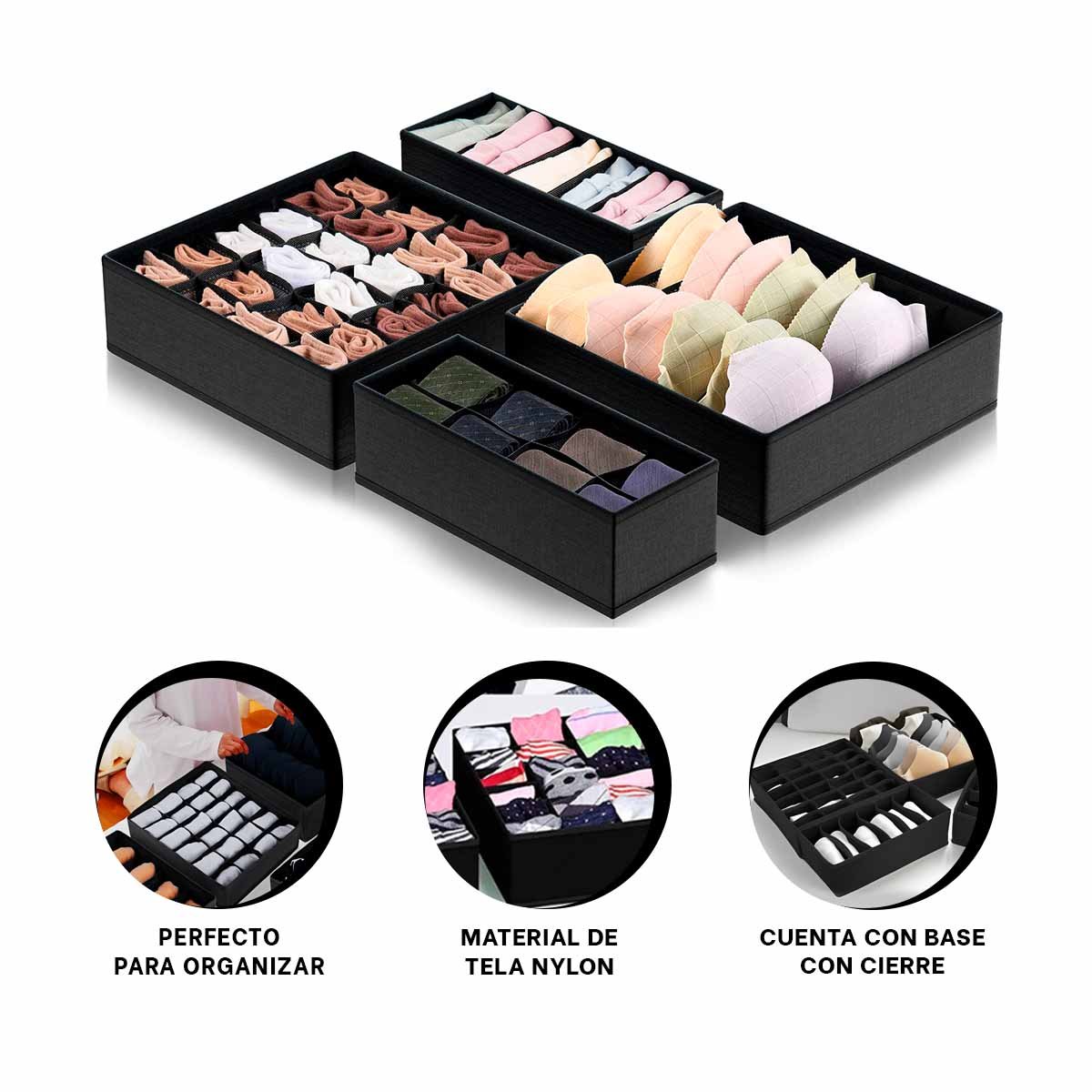 SET ORGANIZADOR NEGRO DE 4 PIEZAS PARA CAJON DE ROPA INTERIOR Y+PAPEL REGALO - 5