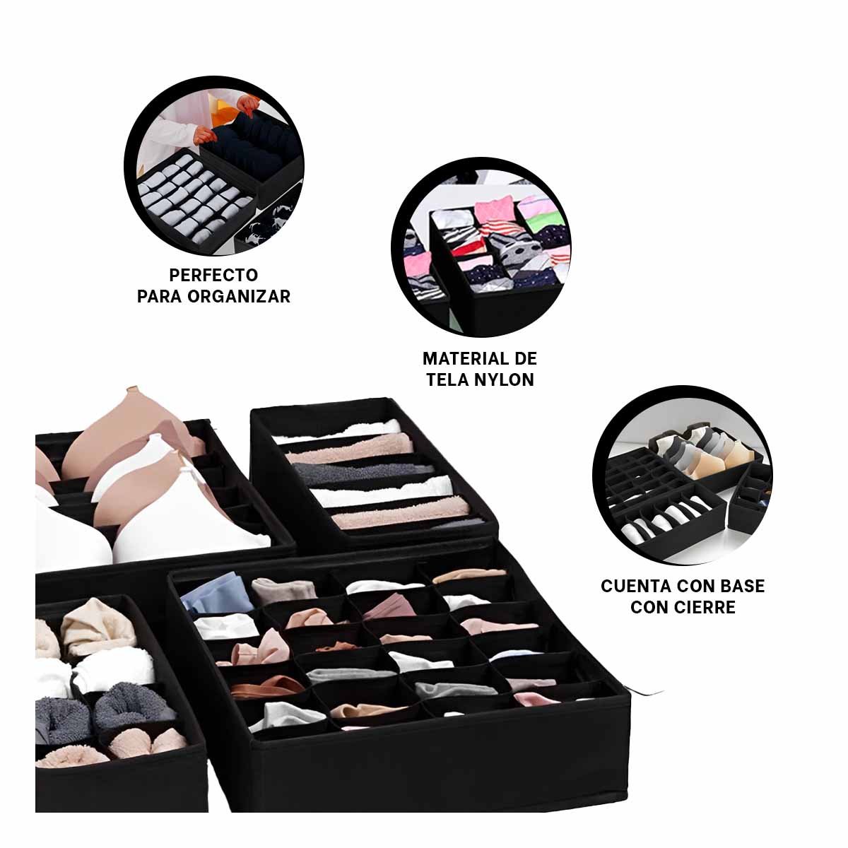 SET DE 4 ORGANIZADORES PARA CAJON CON ACABADO NEGRO PARA ROPA INTERIOR Y+POST IT - 5