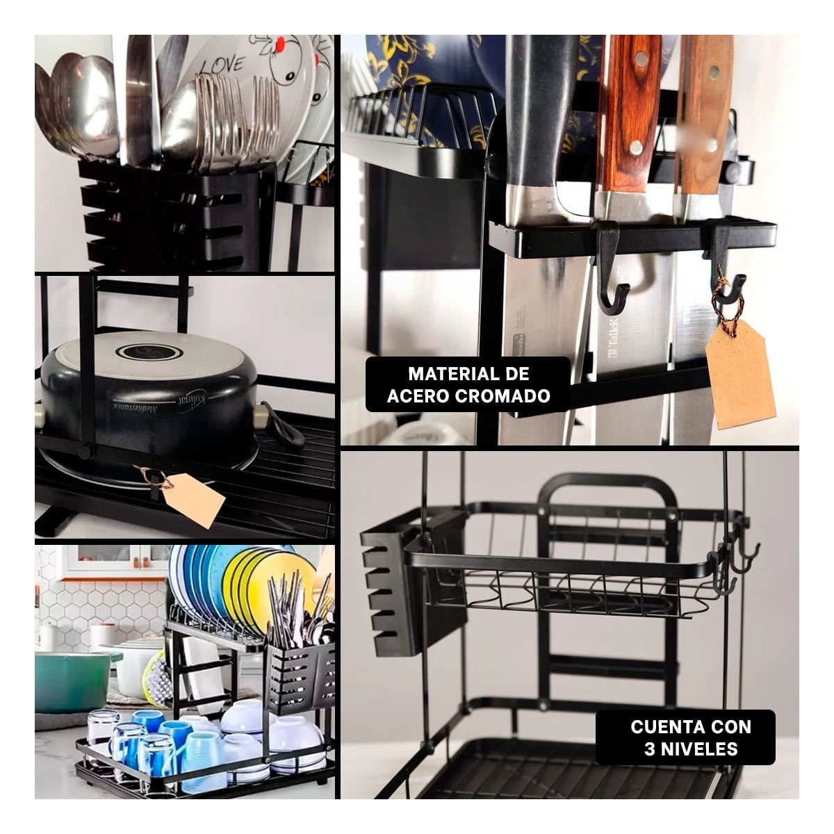 ESCURRIDOR DE PLATOS NEGRO CON SISTEMA DE DRENAJE Y ORGANIZACION EN 3 NIVELES Y+LIGAS REGALO - 1
