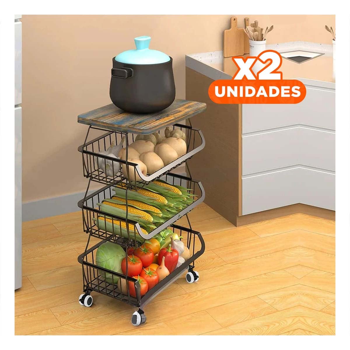 PACK2 CANASTILLA ORDENADORA NEGRA DE 4 COMPARTIMENTOS EN ACERO Y MADERA CON RUEDAS - 1