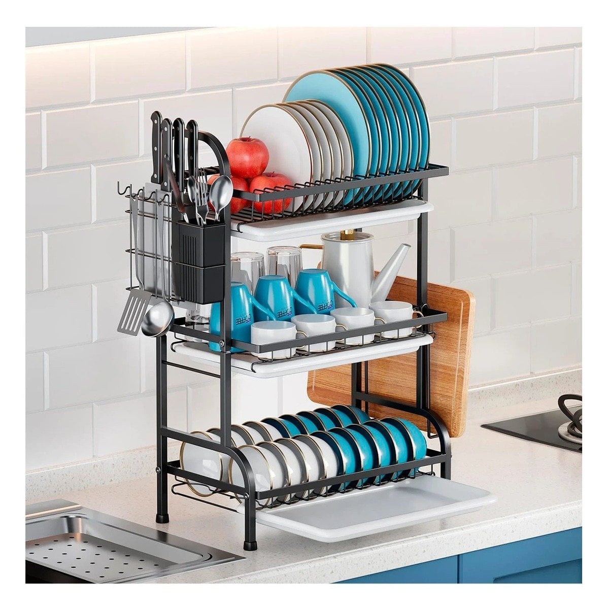 ESCURRIDOR DE COCINA CON 3 NIVELES SOPORTE PARA TABLA Y UTENSILIOS NEGRO Y+REGALO STICKER - 2