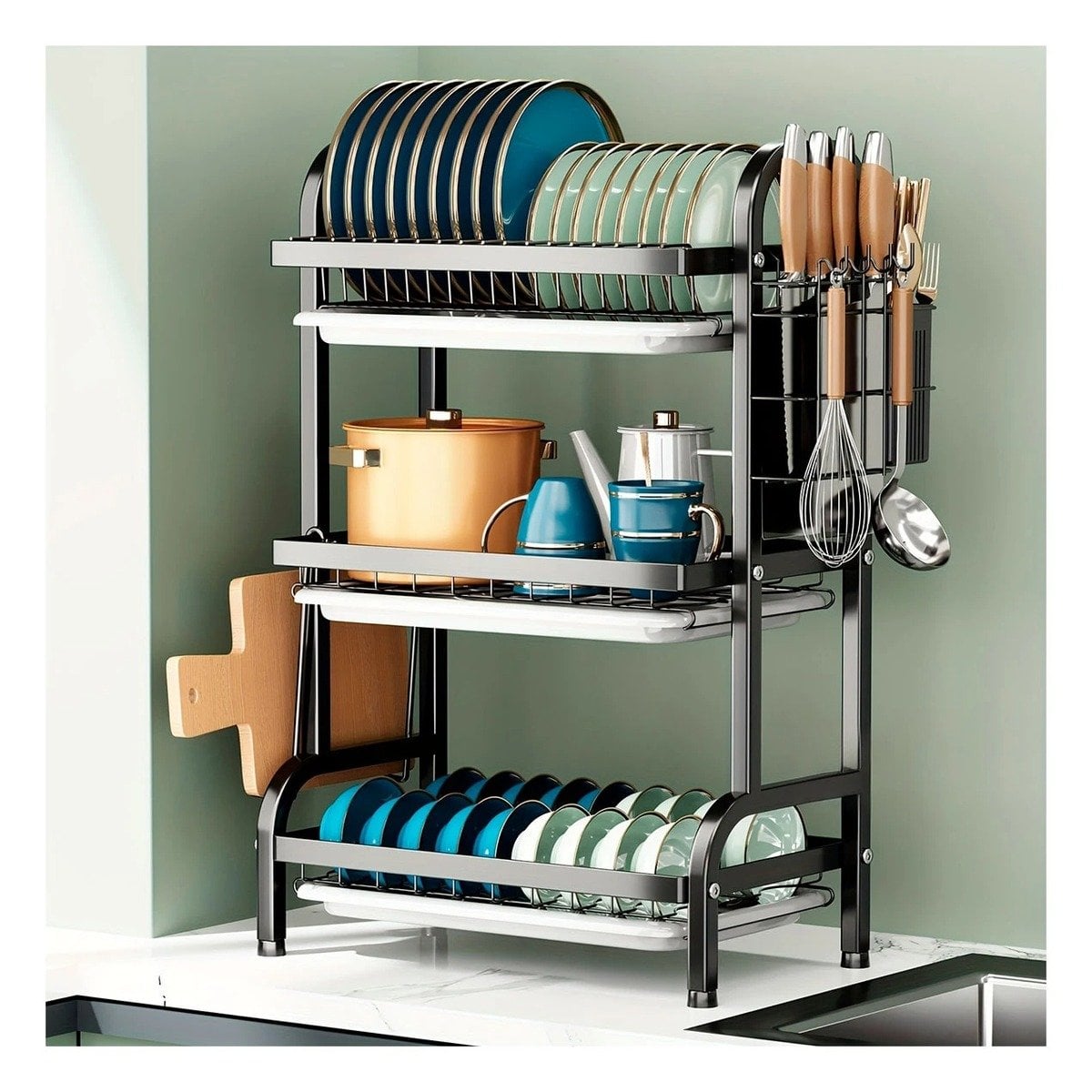 ESCURRIDOR DE COCINA CON 3 NIVELES SOPORTE PARA TABLA Y UTENSILIOS NEGRO Y+REGALO STICKER - 5