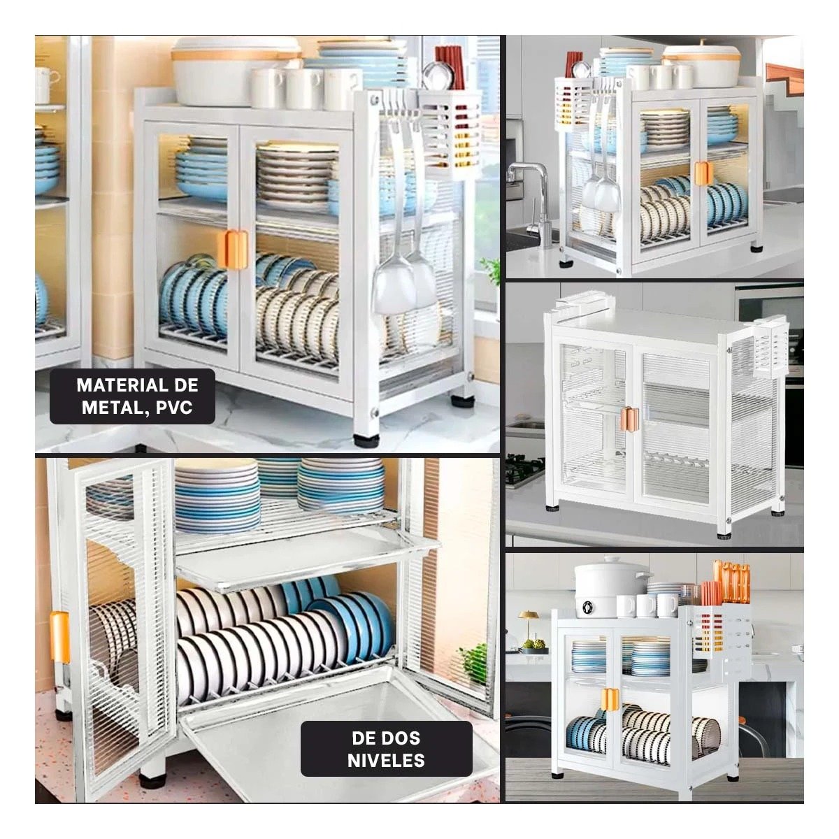 PACK2 SOPORTE DE PLATOS CON PUERTAS DE 2 NIVELES Y BANDEJAS BLANCO Y+PAPEL REGALO - 3