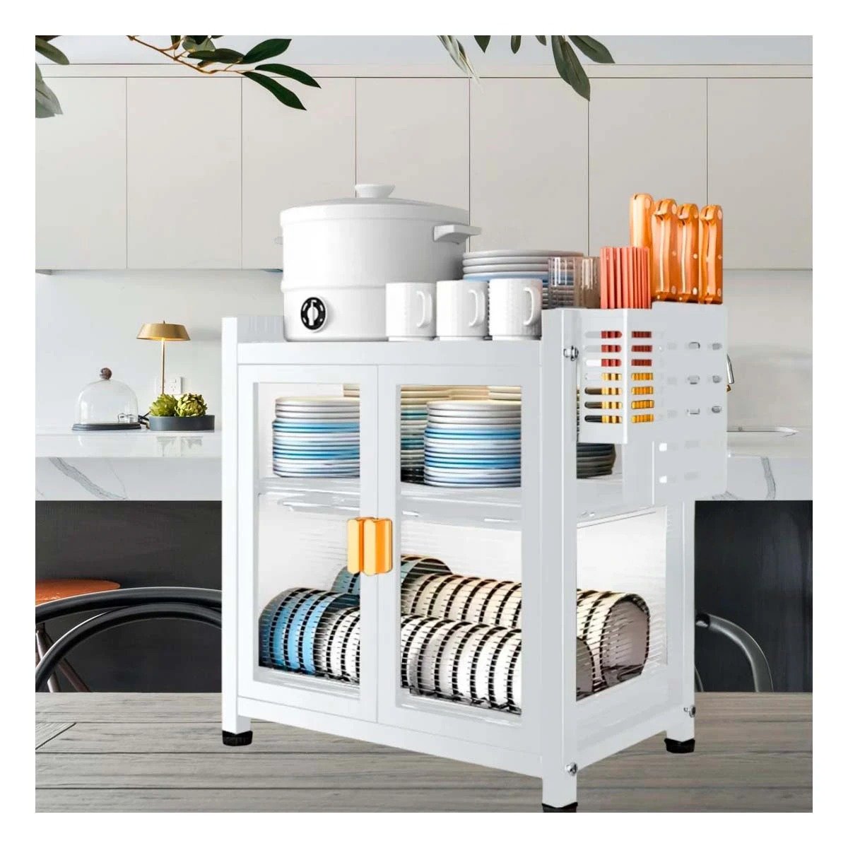 PACK2 SOPORTE DE PLATOS CON PUERTAS DE 2 NIVELES Y BANDEJAS BLANCO Y+PAPEL REGALO - 5