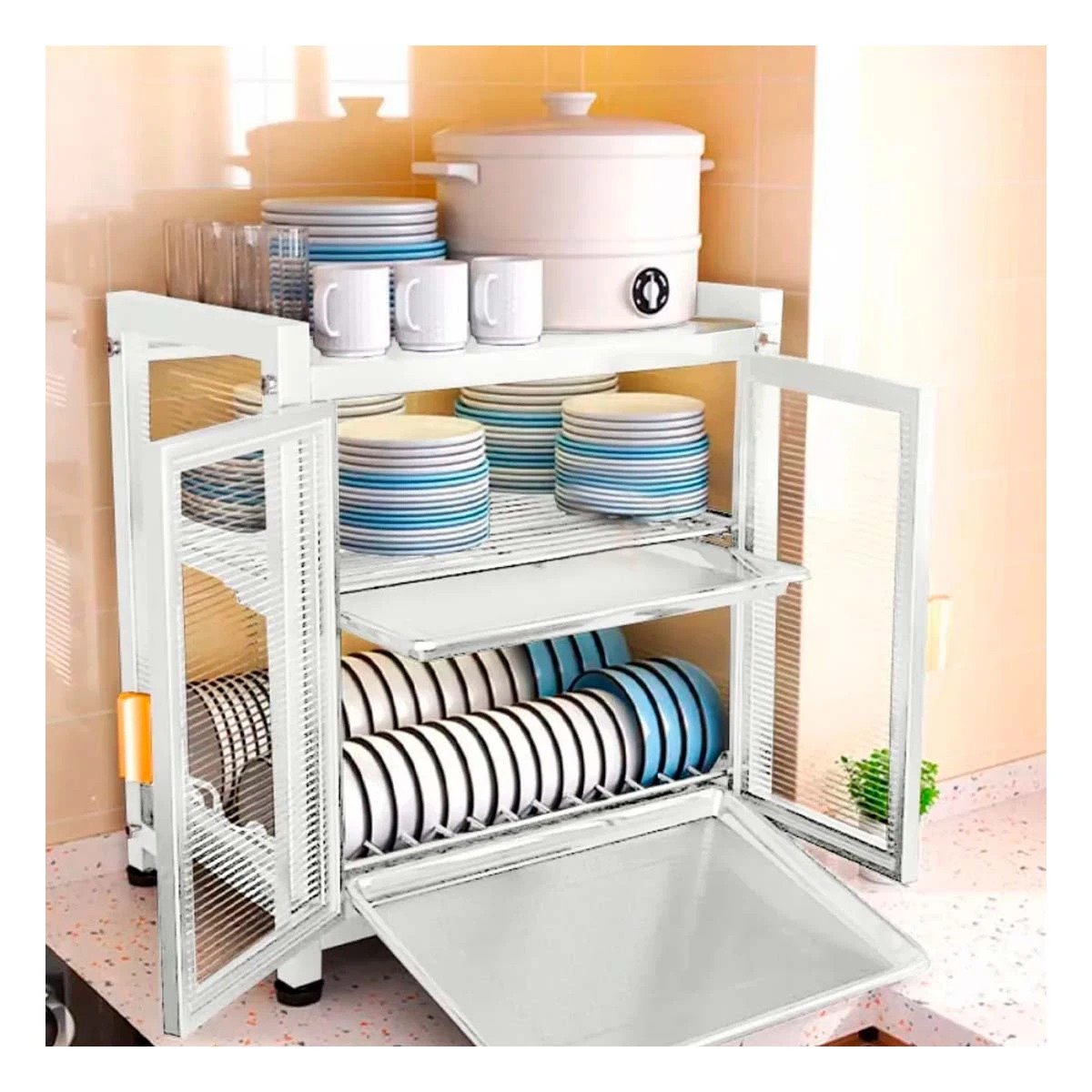 ESCURRIDOR DE COCINA CON PUERTAS 2 NIVELES SOPORTE UTENSILIOS BLANCO Y+REGALO STICKER - 2