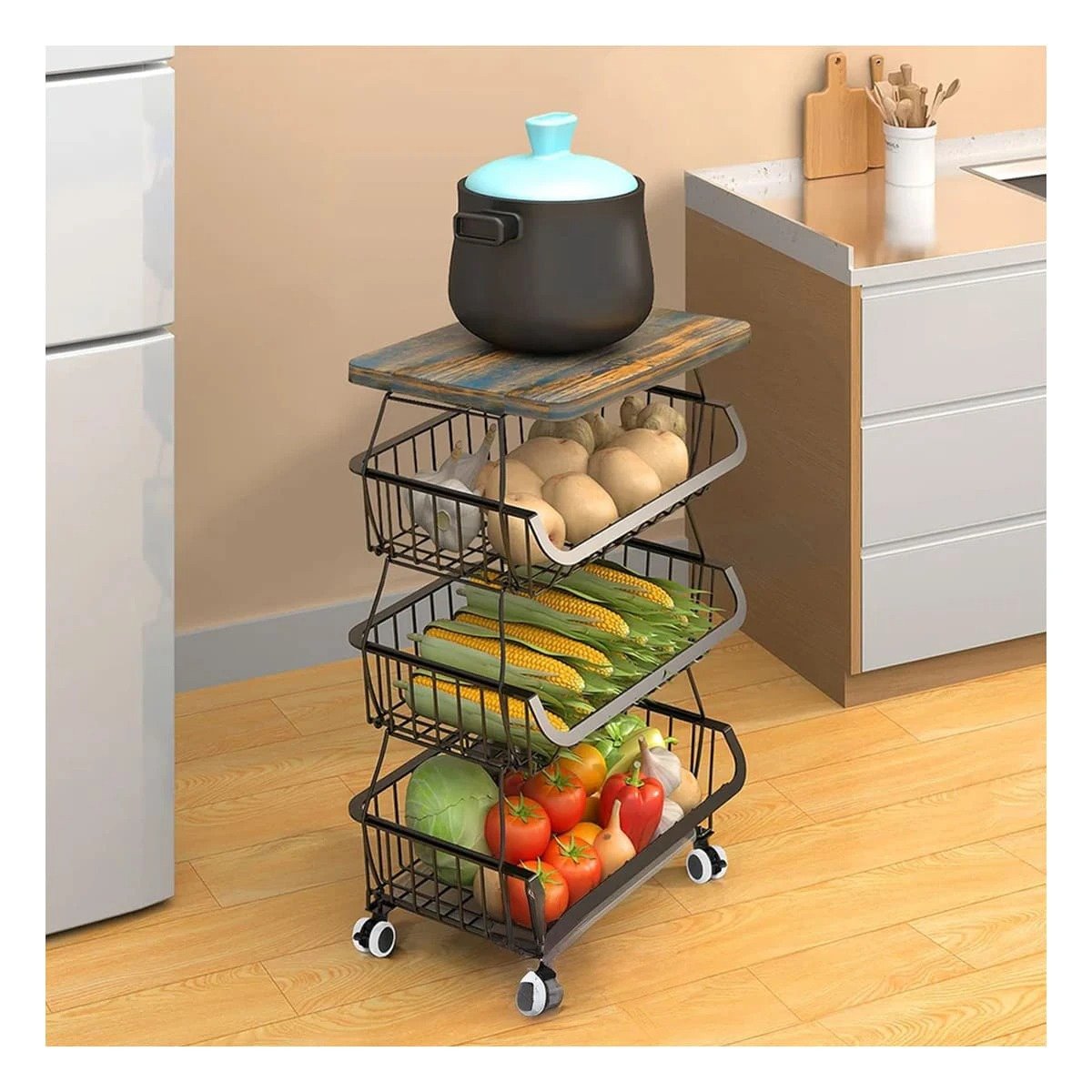 CARRITO CLASIFICADOR NEGRO DE 4 BANDEJAS EN ACERO Y MADERA CON RUEDAS - 1