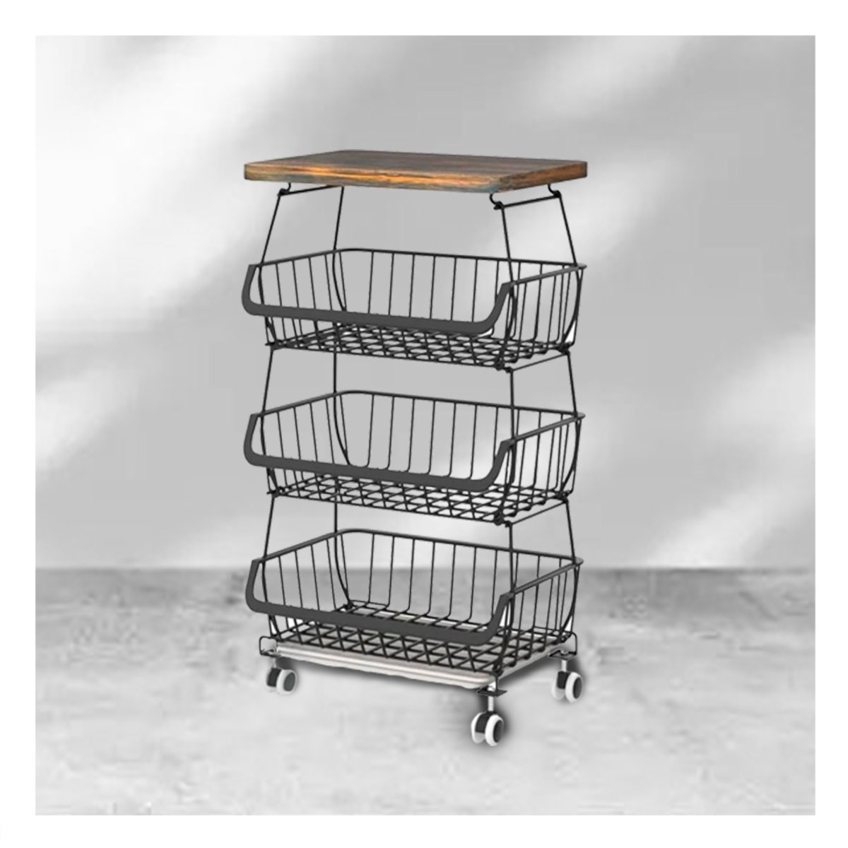 CARRITO CLASIFICADOR NEGRO DE 4 BANDEJAS EN ACERO Y MADERA CON RUEDAS - 3