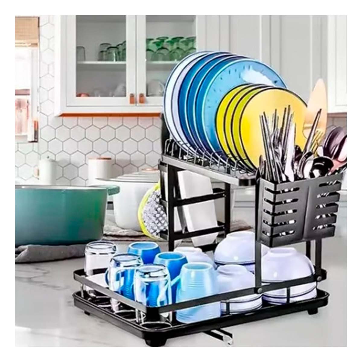 ESCURRIDOR DE 3 NIVELES CON DRENAJE NEGRO Y SOPORTE PARA UTENSILIOS Y+POST IT - 1