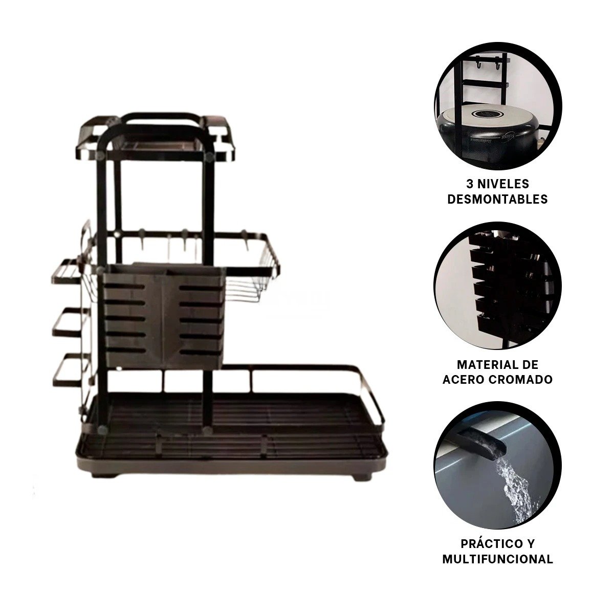 ESCURRIDOR DE 3 NIVELES CON DRENAJE NEGRO Y SOPORTE PARA UTENSILIOS Y+POST IT - 5