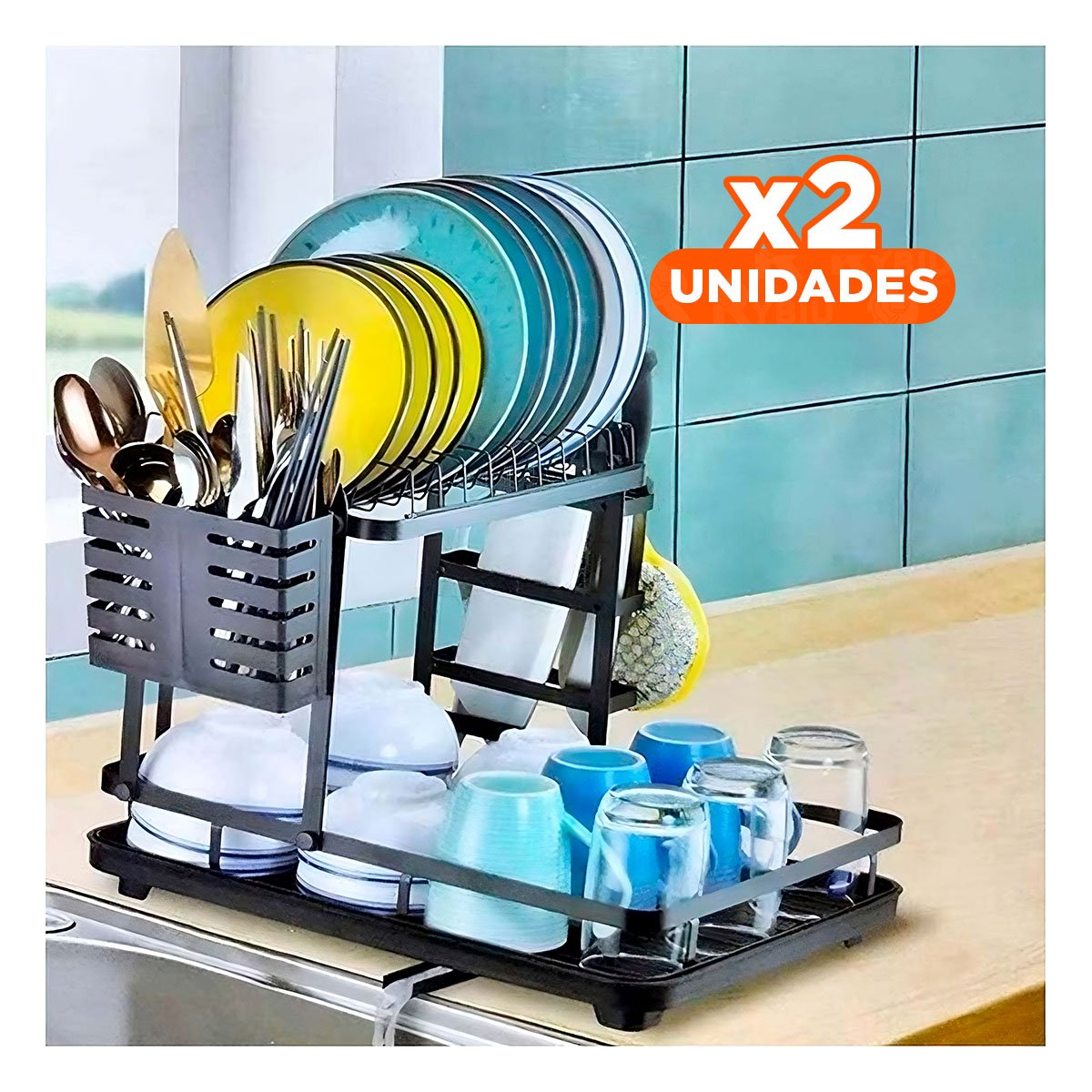 PACK2 SOPORTE DE SECADO PARA PLATOS CON SISTEMA DE DRENAJE NEGRO Y+PAPEL REGALO - 1