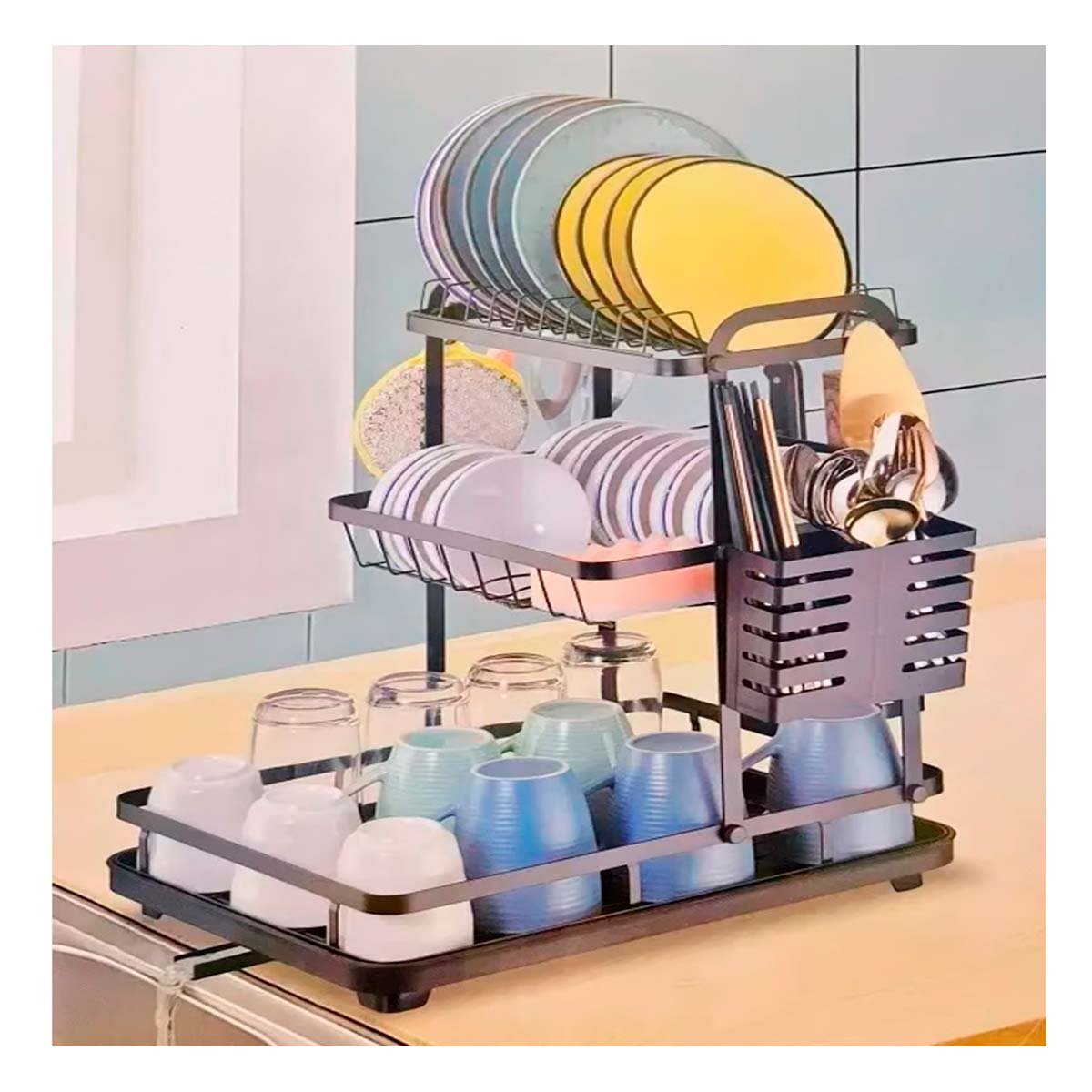 PACK2 SOPORTE DE SECADO PARA PLATOS CON SISTEMA DE DRENAJE NEGRO Y+PAPEL REGALO - 2