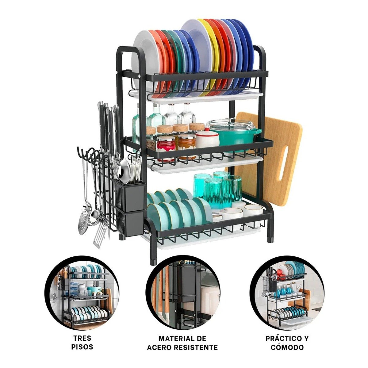 ESCURRIDOR NEGRO DE 3 NIVELES CON BANDEJAS Y SOPORTE PARA UTENSILIOS Y+PAPEL REGALO - 5