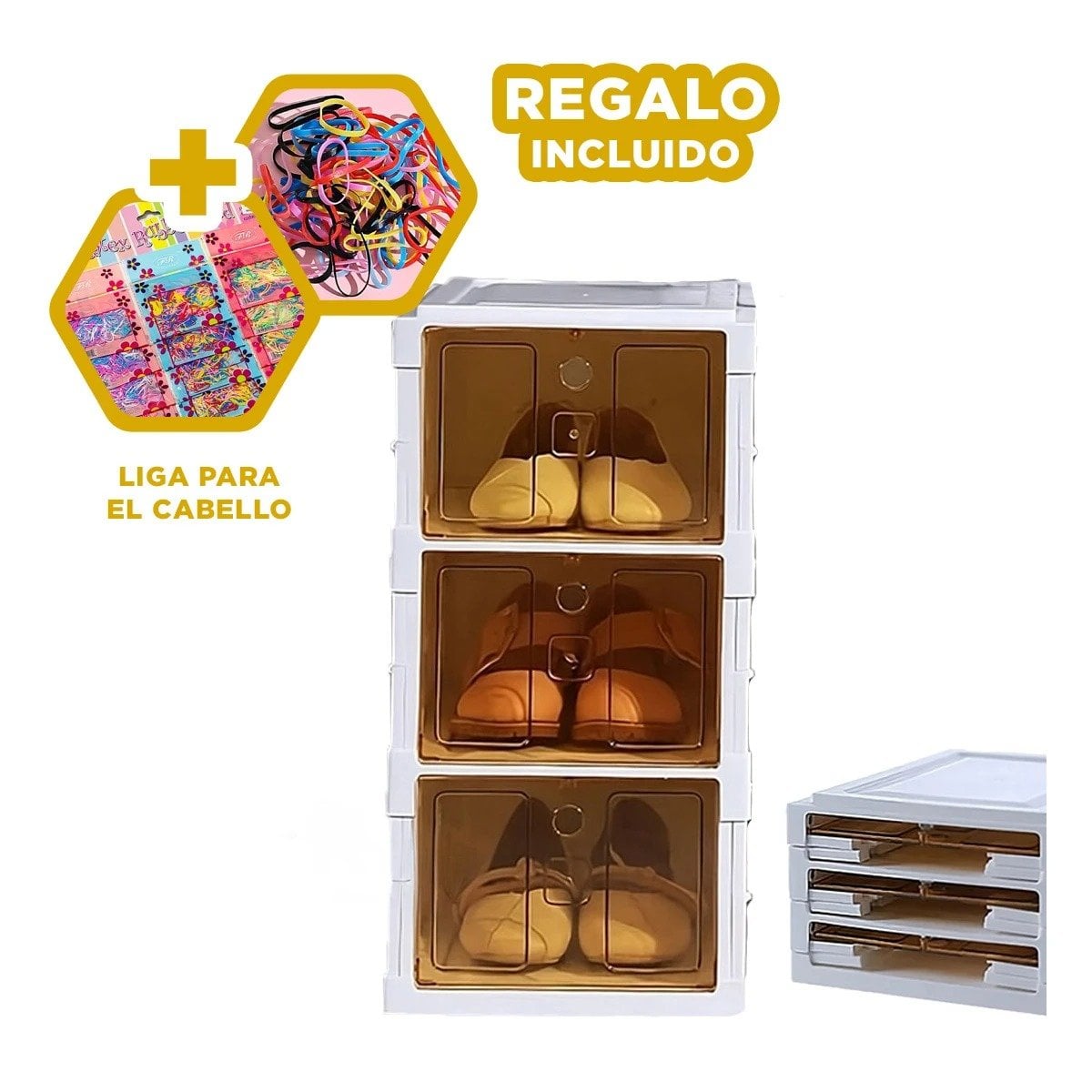 ZAPATERA DE 3 NIVELES CON TAPA AMBAR Y ESTRUCTURA PLEGABLE BLANCA Y+LIGAS REGALO - 2
