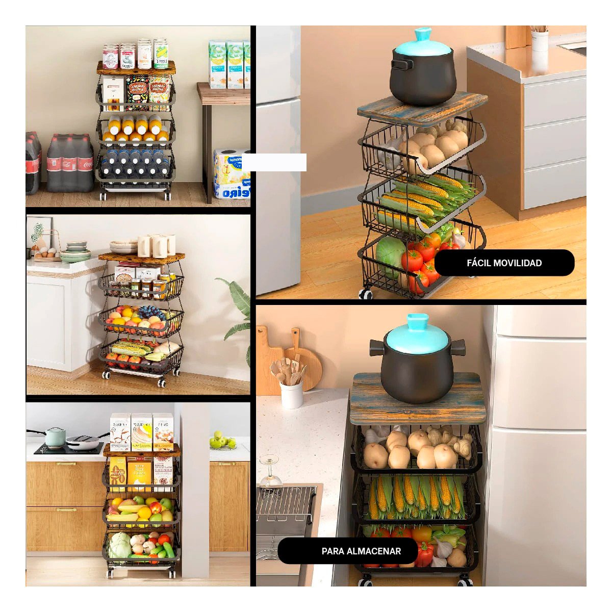 MUEBLE ORDENADOR NEGRO DE 4 COMPARTIMENTOS EN ACERO Y MADERA CON RUEDAS Y+LIGAS REGALO - 1