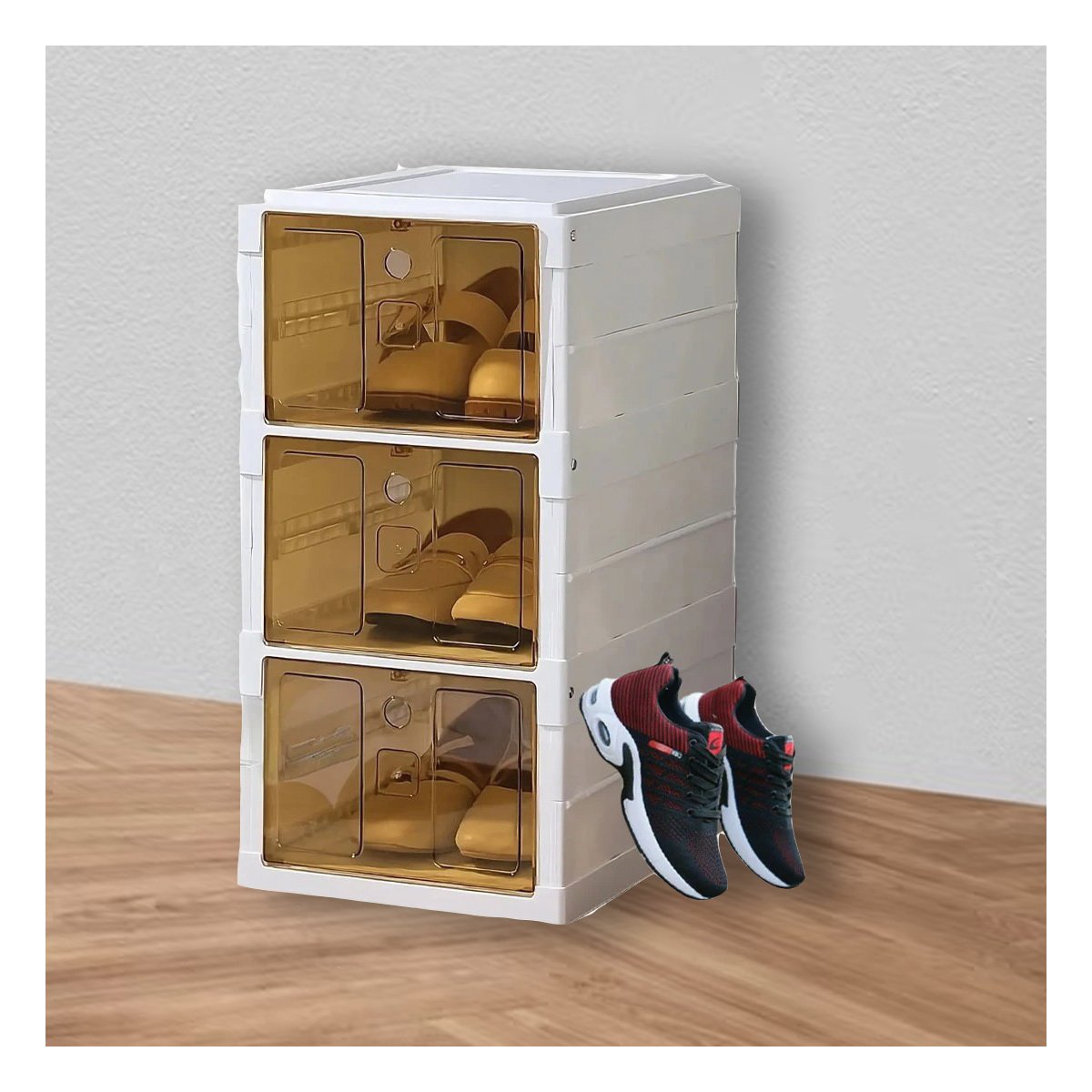 ZAPATERA PLEGABLE DE 3 NIVELES COLOR BLANCO CON TAPA AMBAR Y+PAPEL REGALO - 1