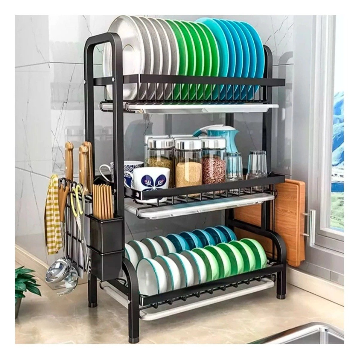 ESCURRIDOR DE PLATOS DE 3 NIVELES CON SOPORTE PARA UTENSILIOS Y TABLA NEGRO - 5