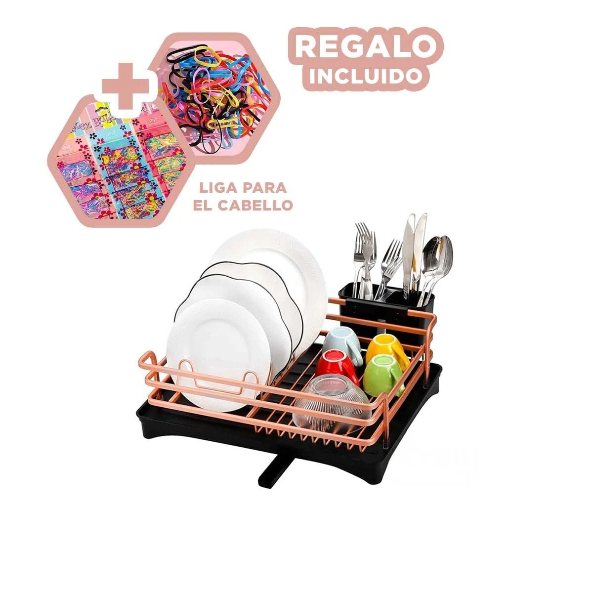 ESCURRIDOR DE PLATOS ORO ROSA CON ORGANIZACION Y SISTEMA DE DRENAJE Y+LIGAS REGALO - 2