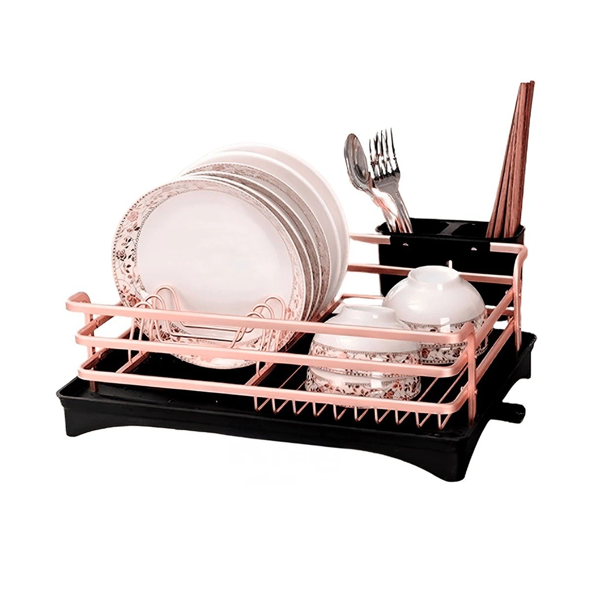 ESCURRIDOR DE COCINA CON SOPORTE PARA UTENSILIOS Y DRENAJE EN ORO ROSA Y+REGALO STICKER - 1
