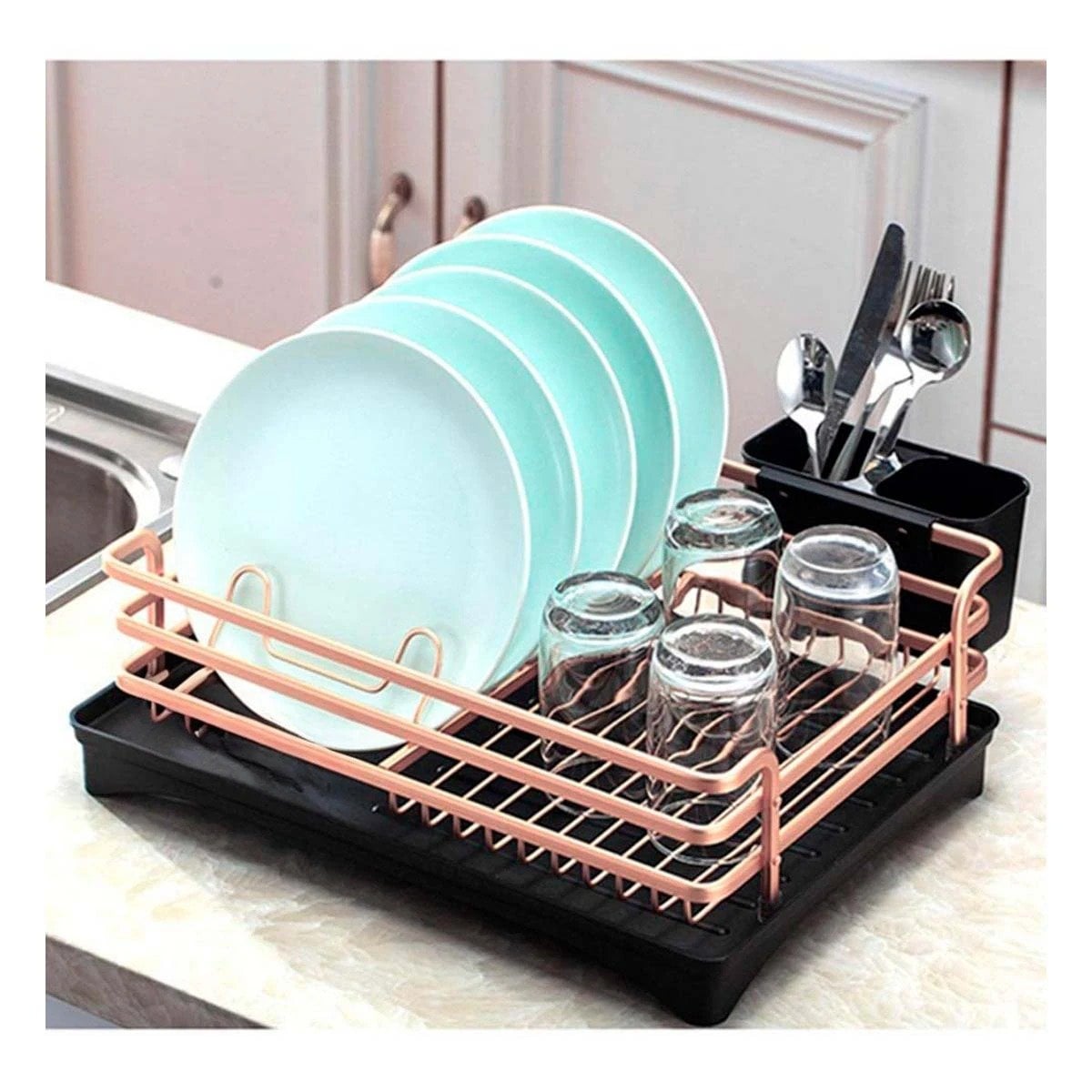 ESCURRIDOR DE COCINA CON SOPORTE PARA UTENSILIOS Y DRENAJE EN ORO ROSA Y+REGALO STICKER - 5